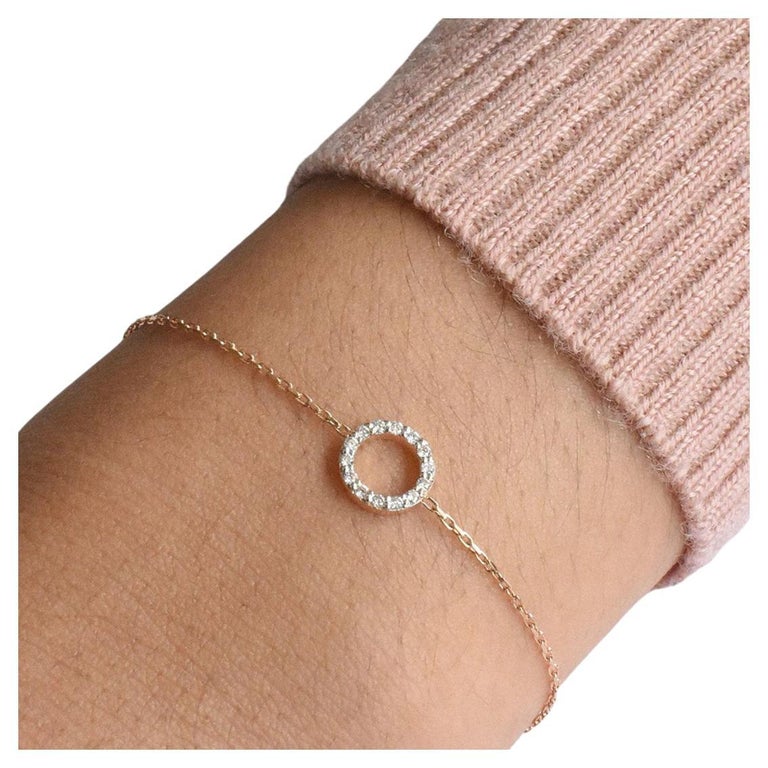 14k Rose Gold Diamond Circle Bracelet Pave Diamond Halo Round Bracelet For Sale