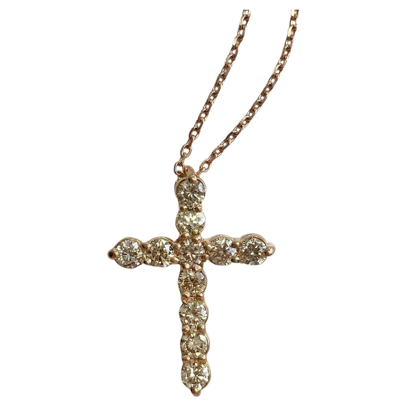 14k rose gold diamond cross and chain For Sale