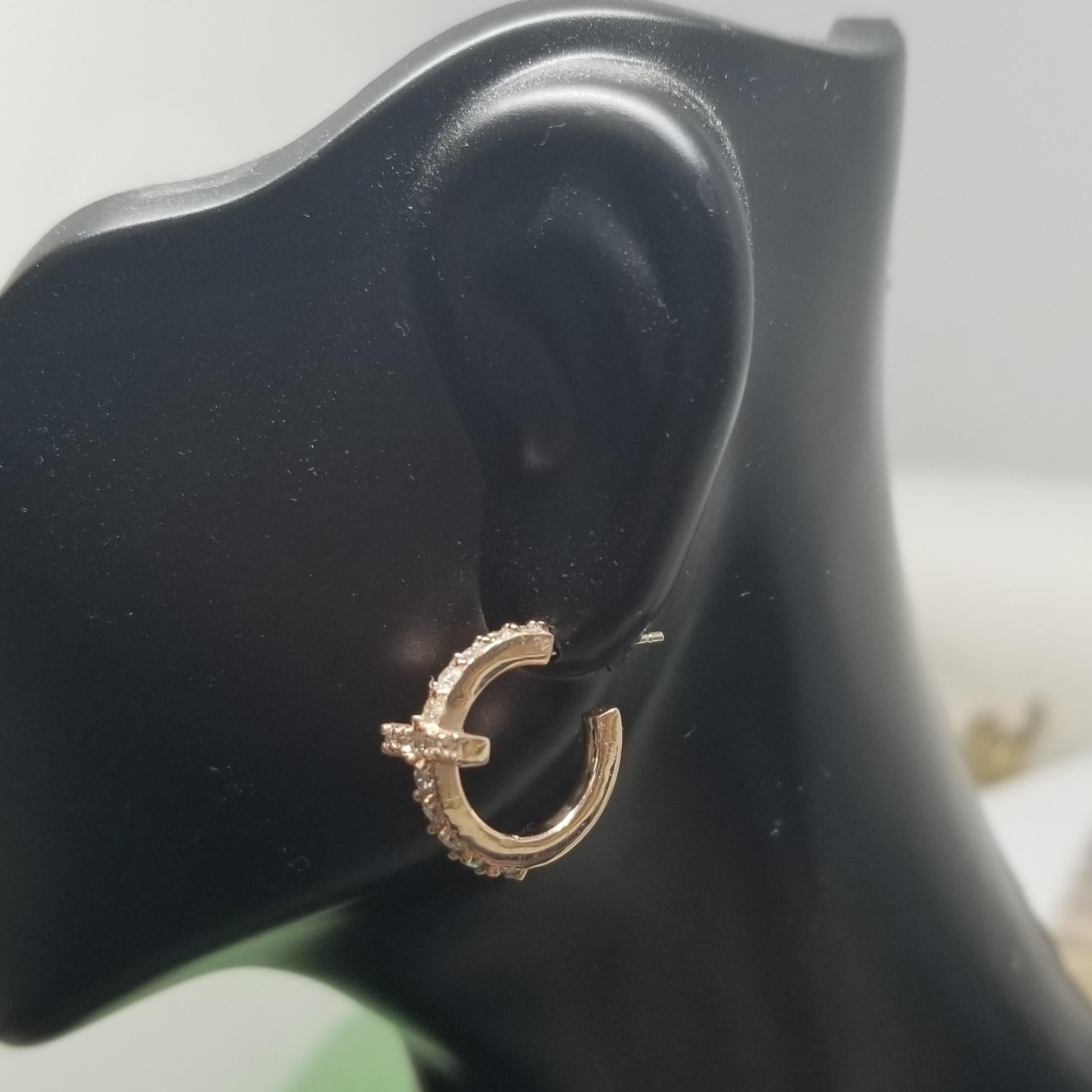 Round Cut 14k Rose Gold Diamond Cross Hoop Earrings For Sale