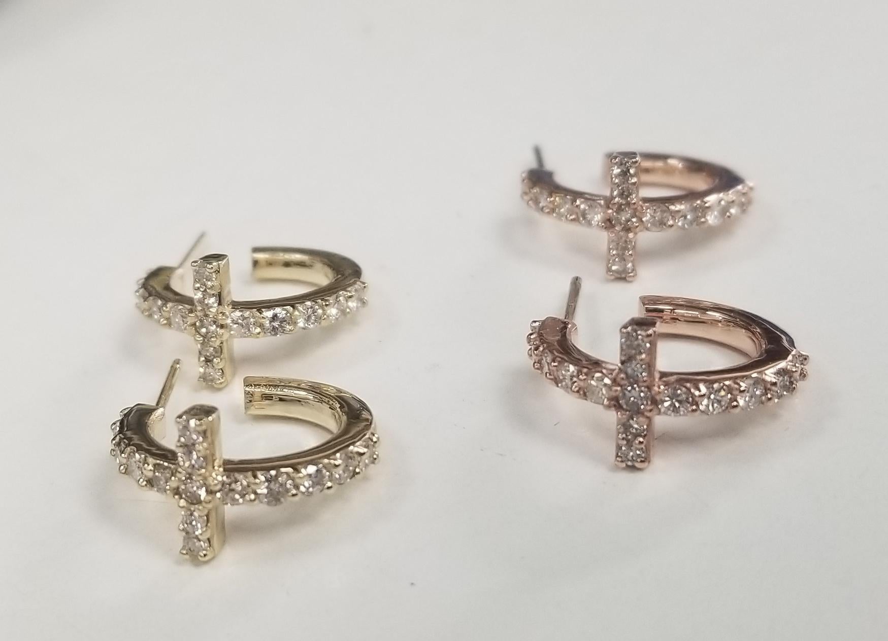 14k Rose Gold Diamond Cross Hoop Earrings In New Condition For Sale In Los Angeles, CA