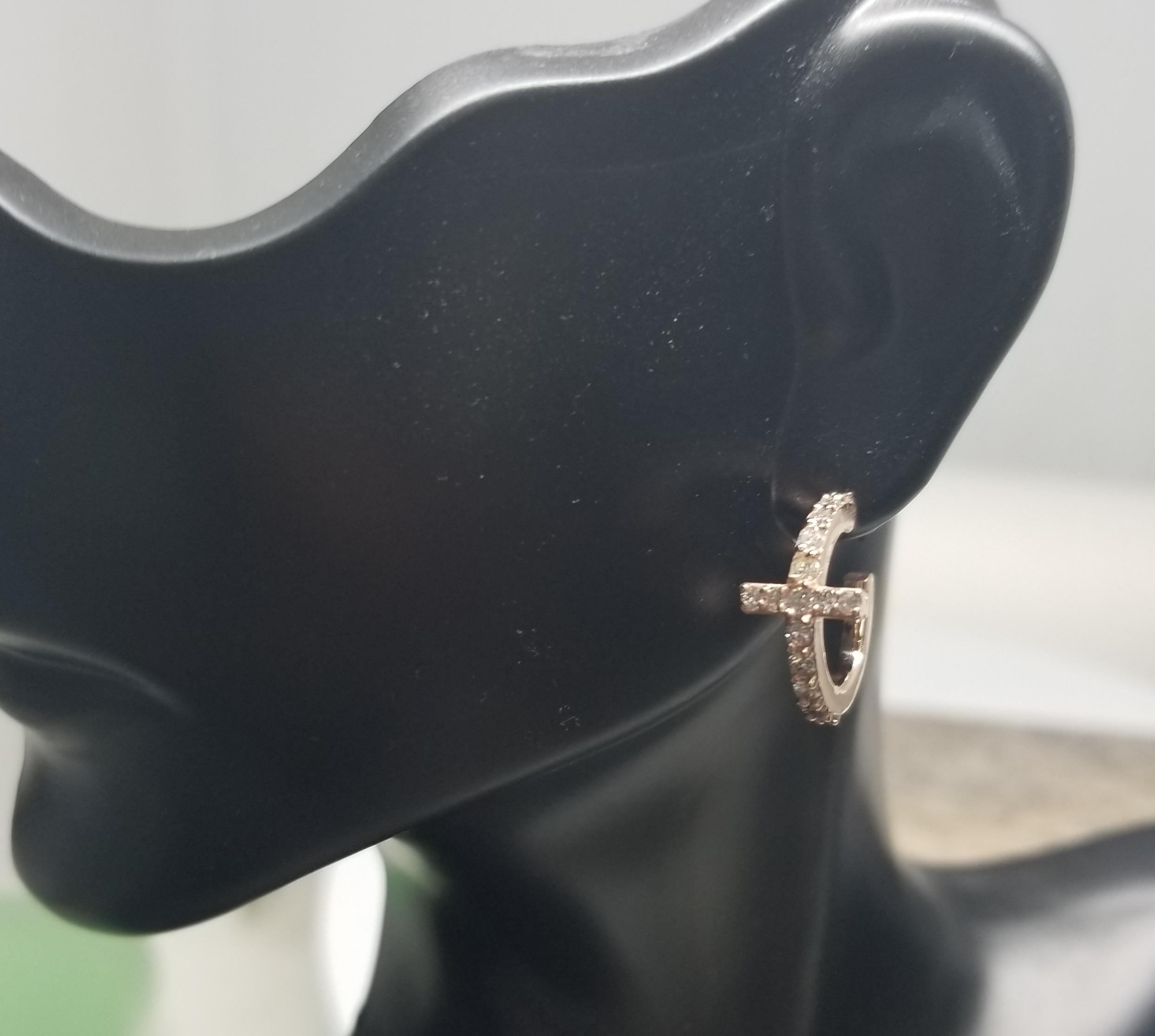 14k Rose Gold Diamond Cross Hoop Earrings For Sale 1