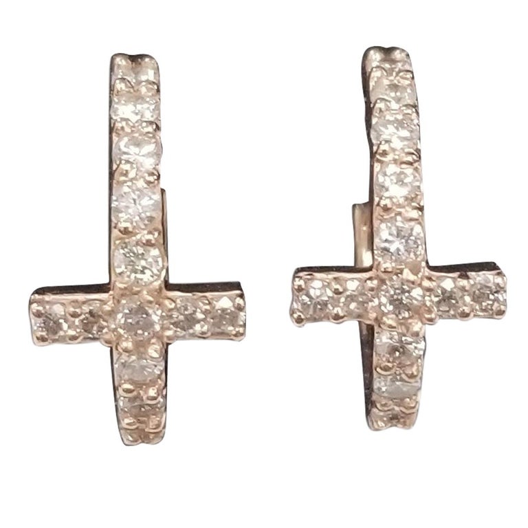 14k Rose Gold Diamond Cross Hoop Earrings For Sale at 1stDibs