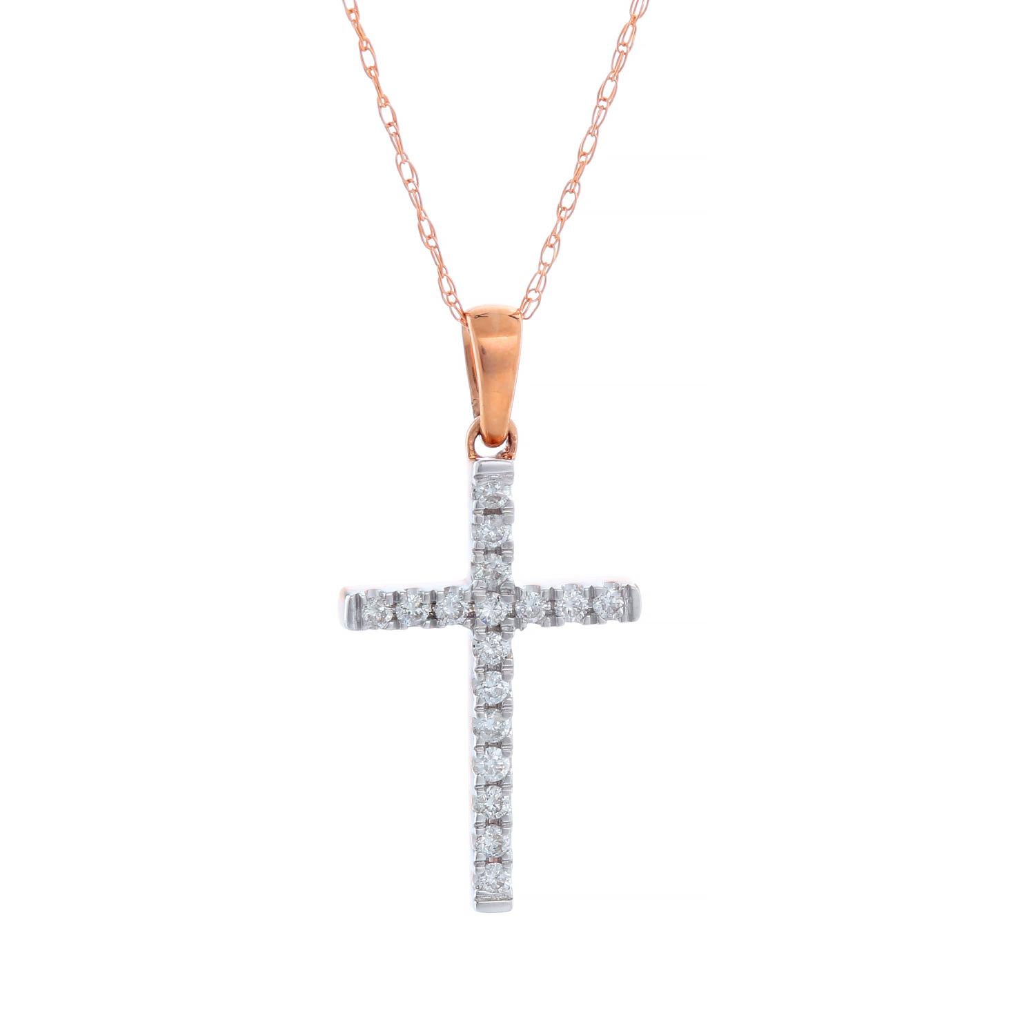 14k Rose Gold Diamond Cross Necklace In New Condition For Sale In Dallas, TX