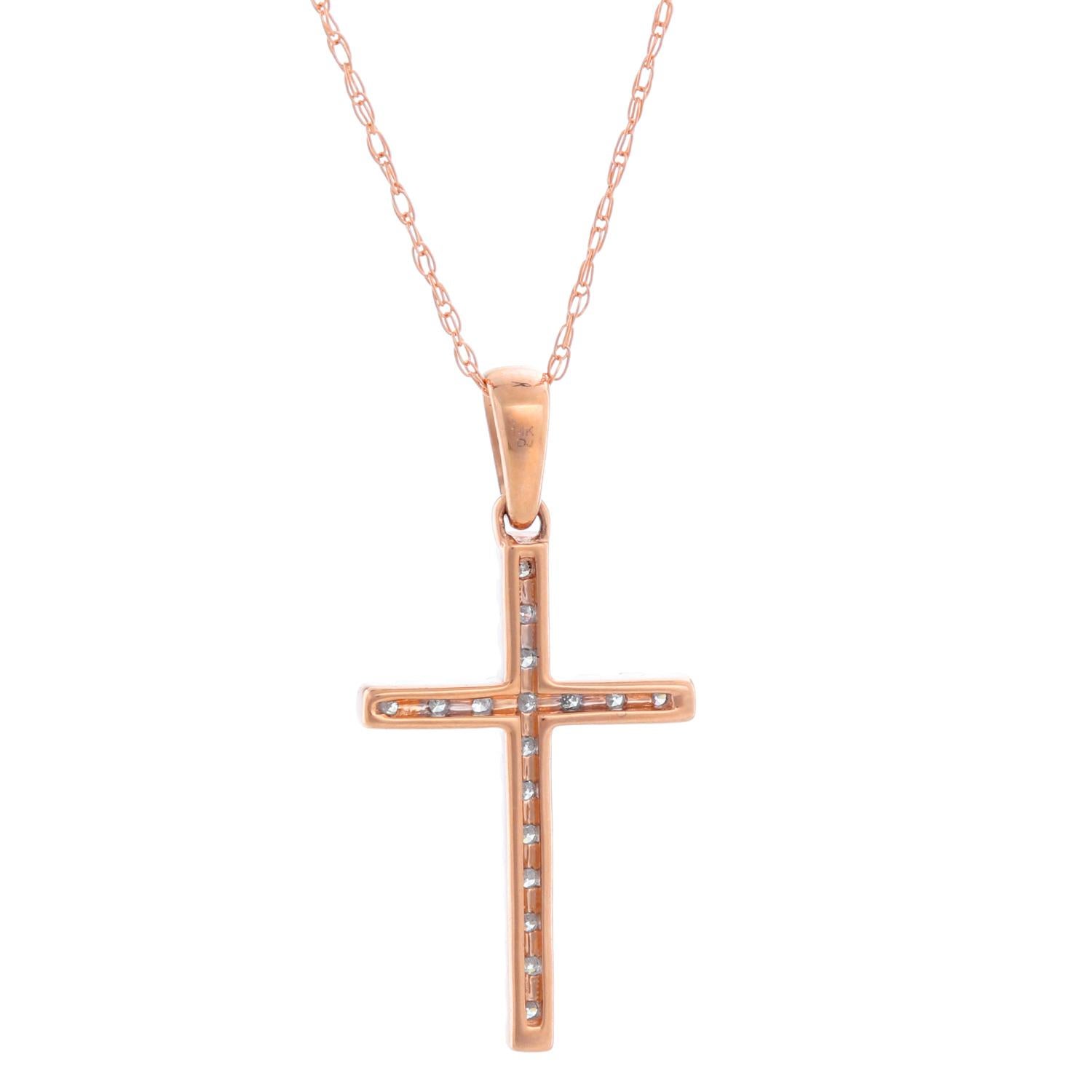 Women's 14k Rose Gold Diamond Cross Necklace For Sale