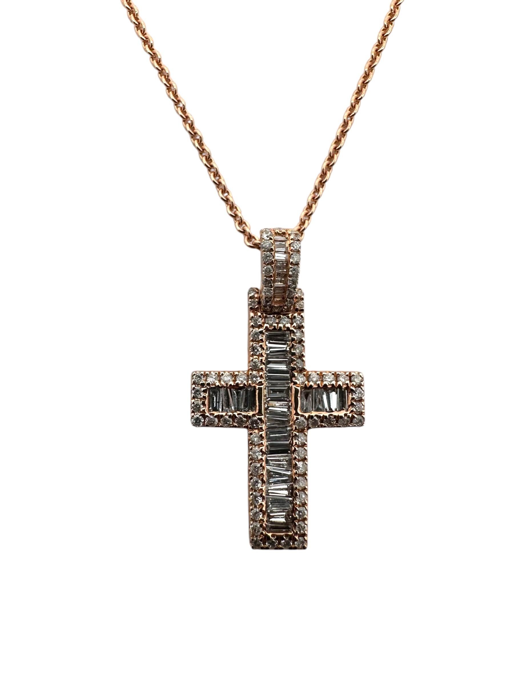 This elegant 14k rose gold modern diamond cross pendant necklace is the perfect charm for everyday wear, adding a personalized touch to your jewelry collection. Featuring a unique combination of channel and prong settings, the pendant showcases a