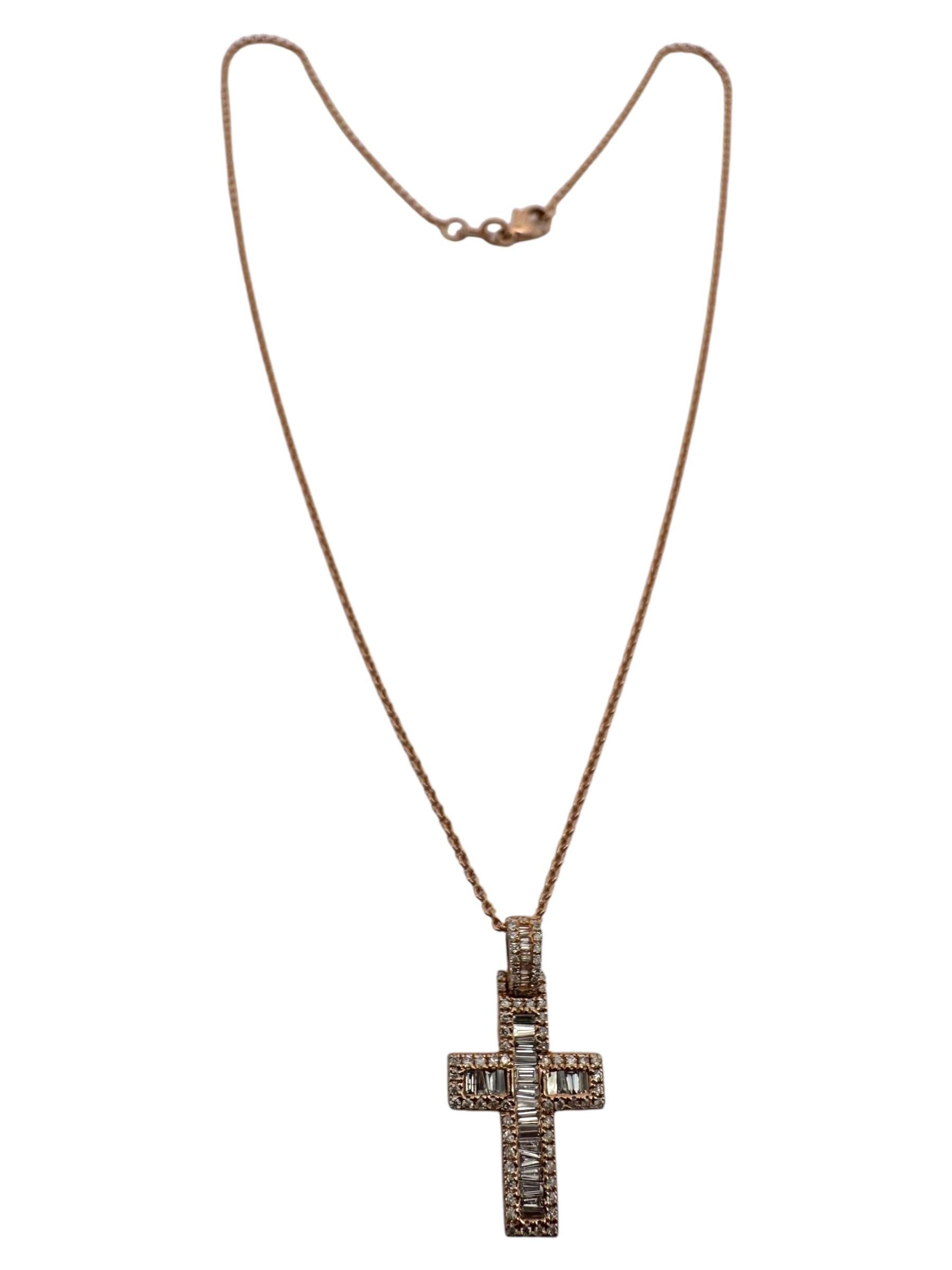 Modern 14K Rose Gold Diamond Cross Pendant Necklace For Sale