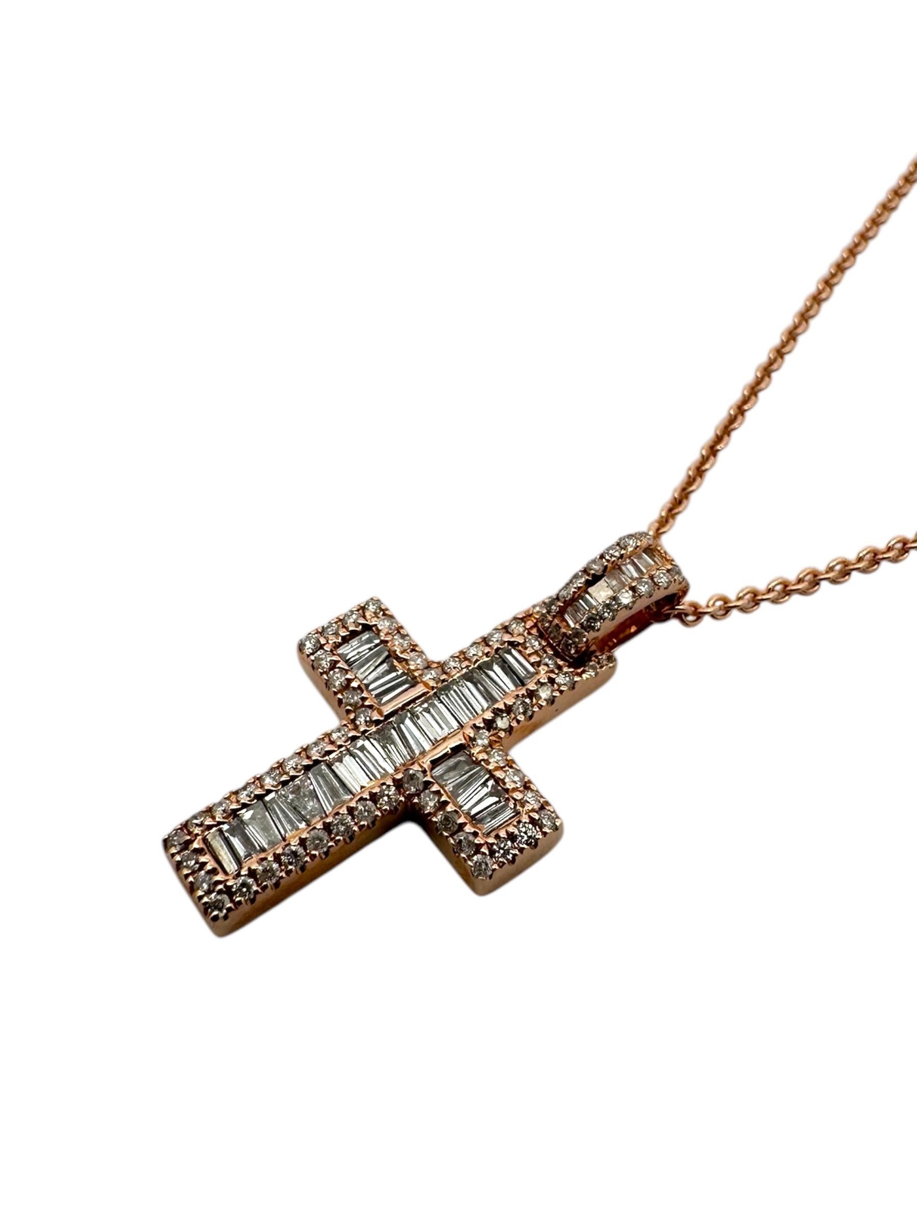 Tapered Baguette 14K Rose Gold Diamond Cross Pendant Necklace For Sale