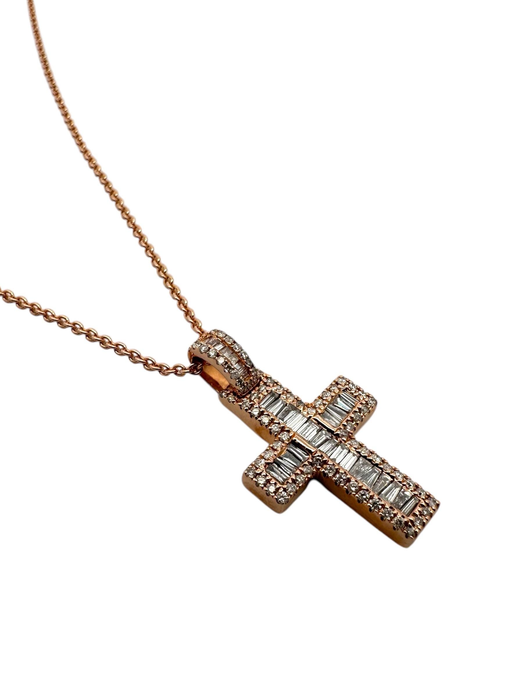 14K Rose Gold Diamond Cross Pendant Necklace In New Condition For Sale In Newton, MA