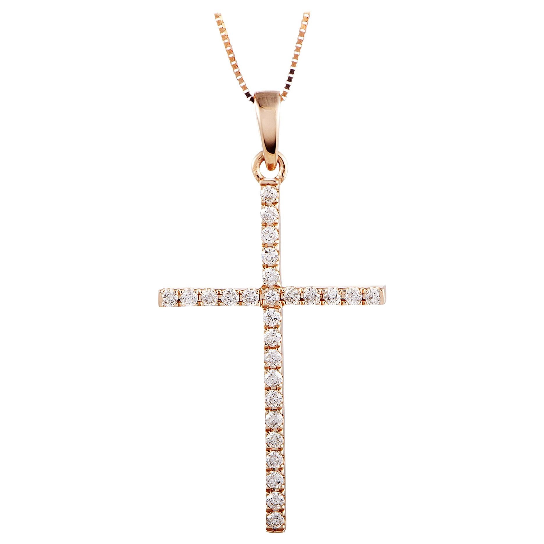 14 Karat Rose Gold Diamond Cross Pendant Necklace