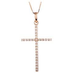 14 Karat Rose Gold Diamond Cross Pendant Necklace