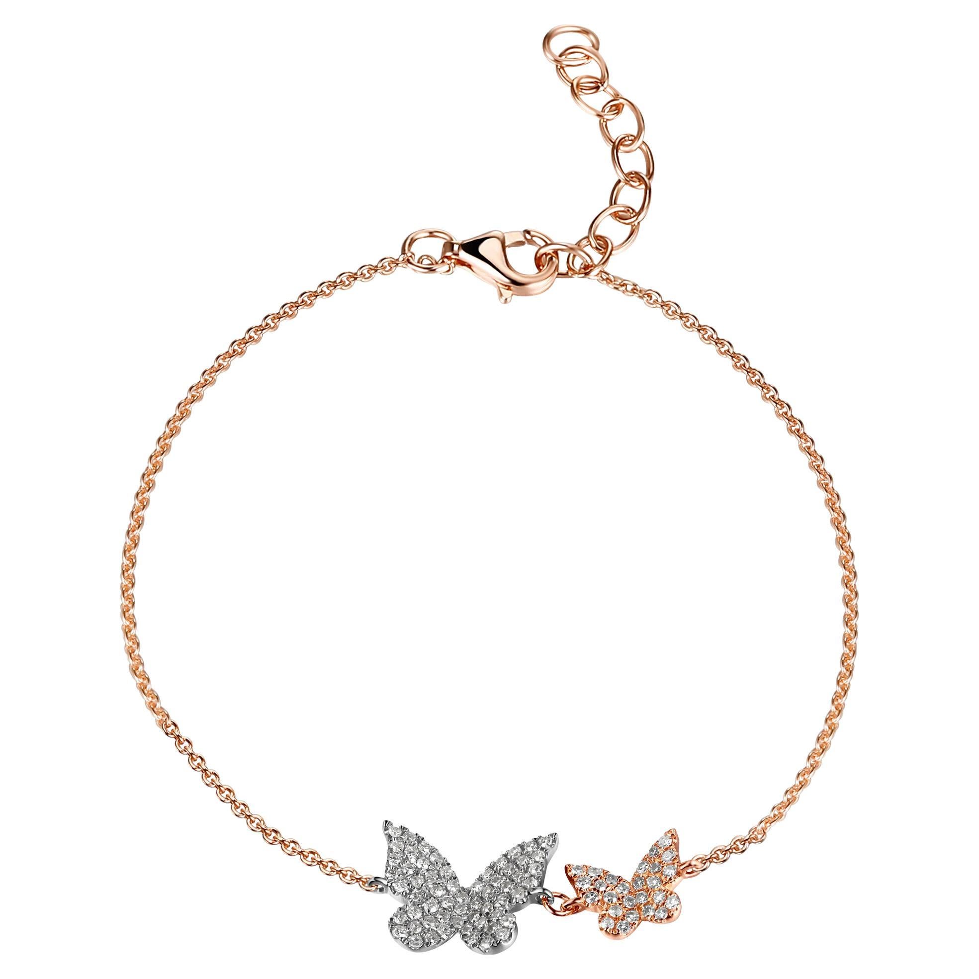 14K Rose Gold Diamond Double Butterfly Chain Bracelet for Her For Sale