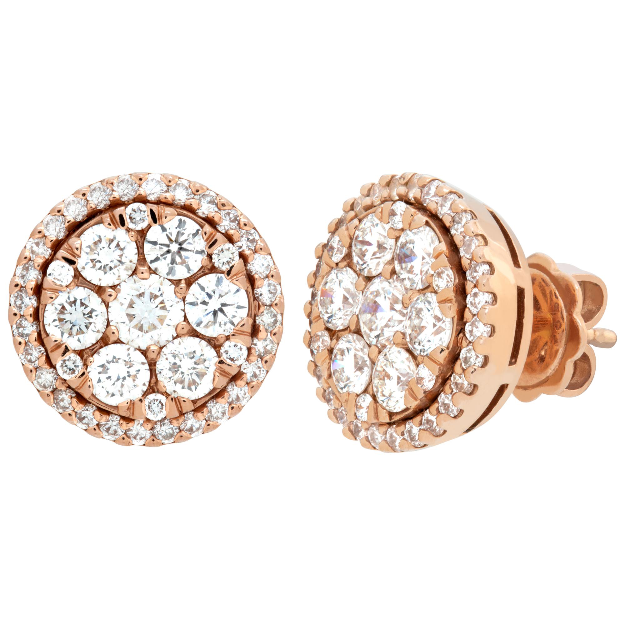 Diamond studs in 14k rose gold with over 2 carats in G-H color, VS clarity round cut Illusion set diamonds. Size 0.50 inches x 0.50 inches.