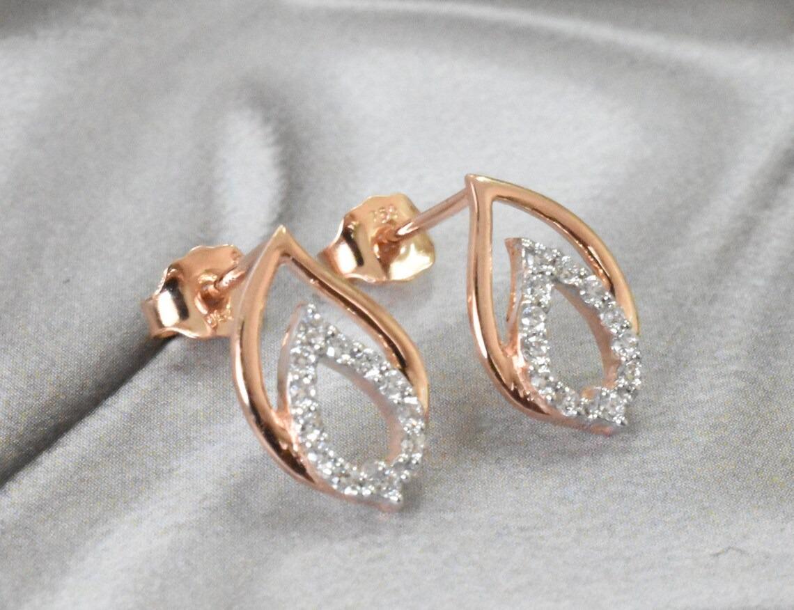 Round Cut 14k Gold Diamond Earrings Diamond Gold Leaf Earrings Minimalist Earrings For Sale