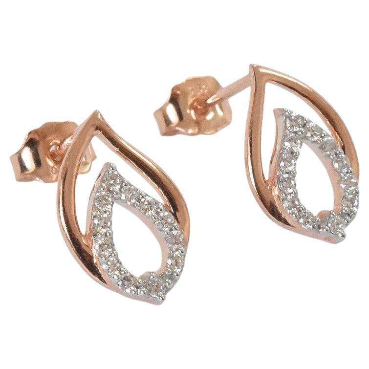 14K Rose Gold Silver Detailed Leaf Stud Earrings