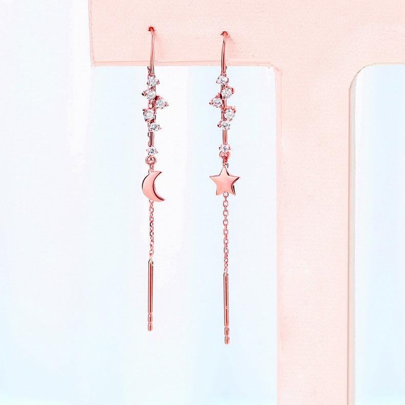 Moderno Orecchini Moon Star con diamante in oro rosa 14K in vendita
