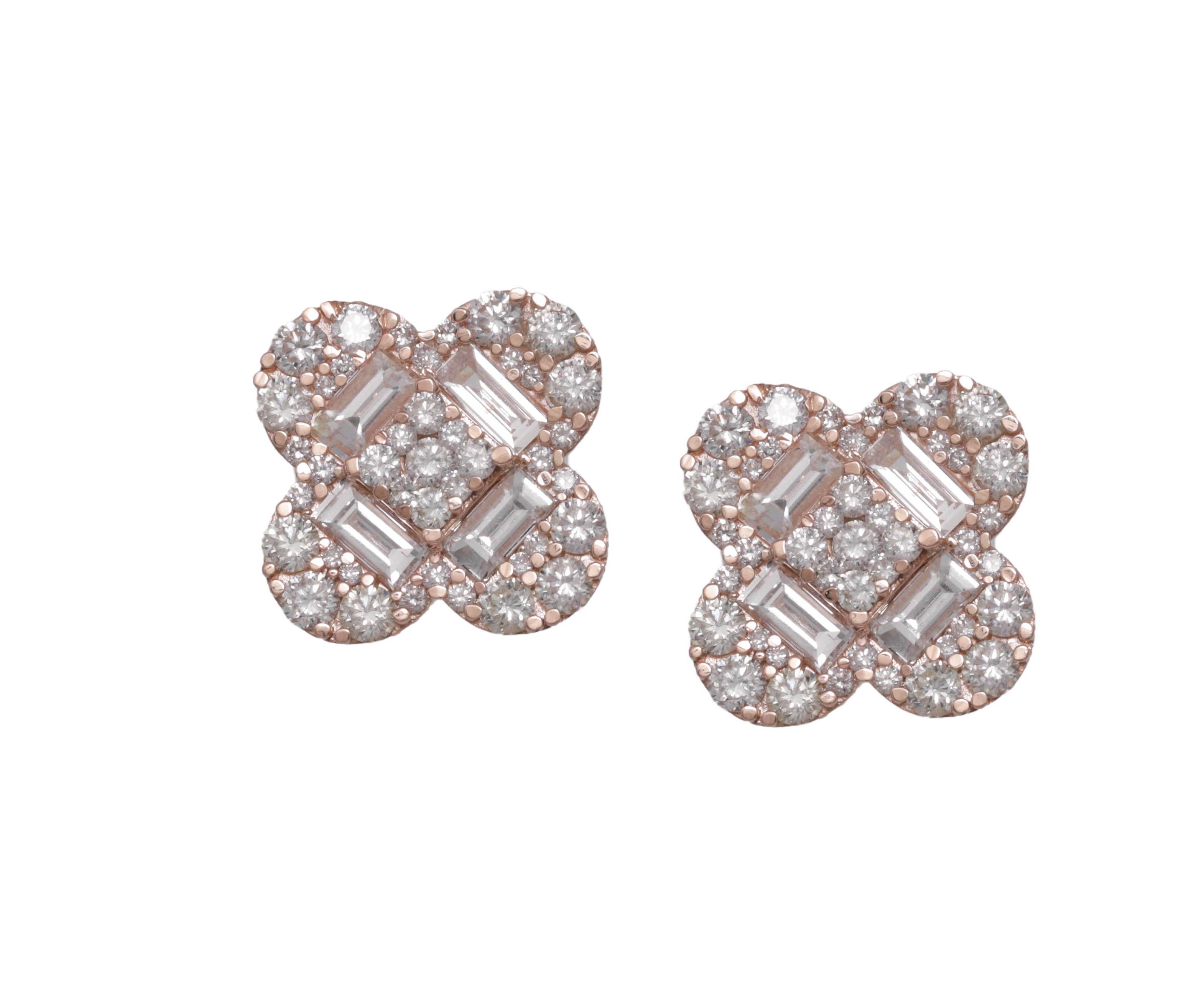 Round Cut 14K Rose Gold Diamond Earrings For Sale