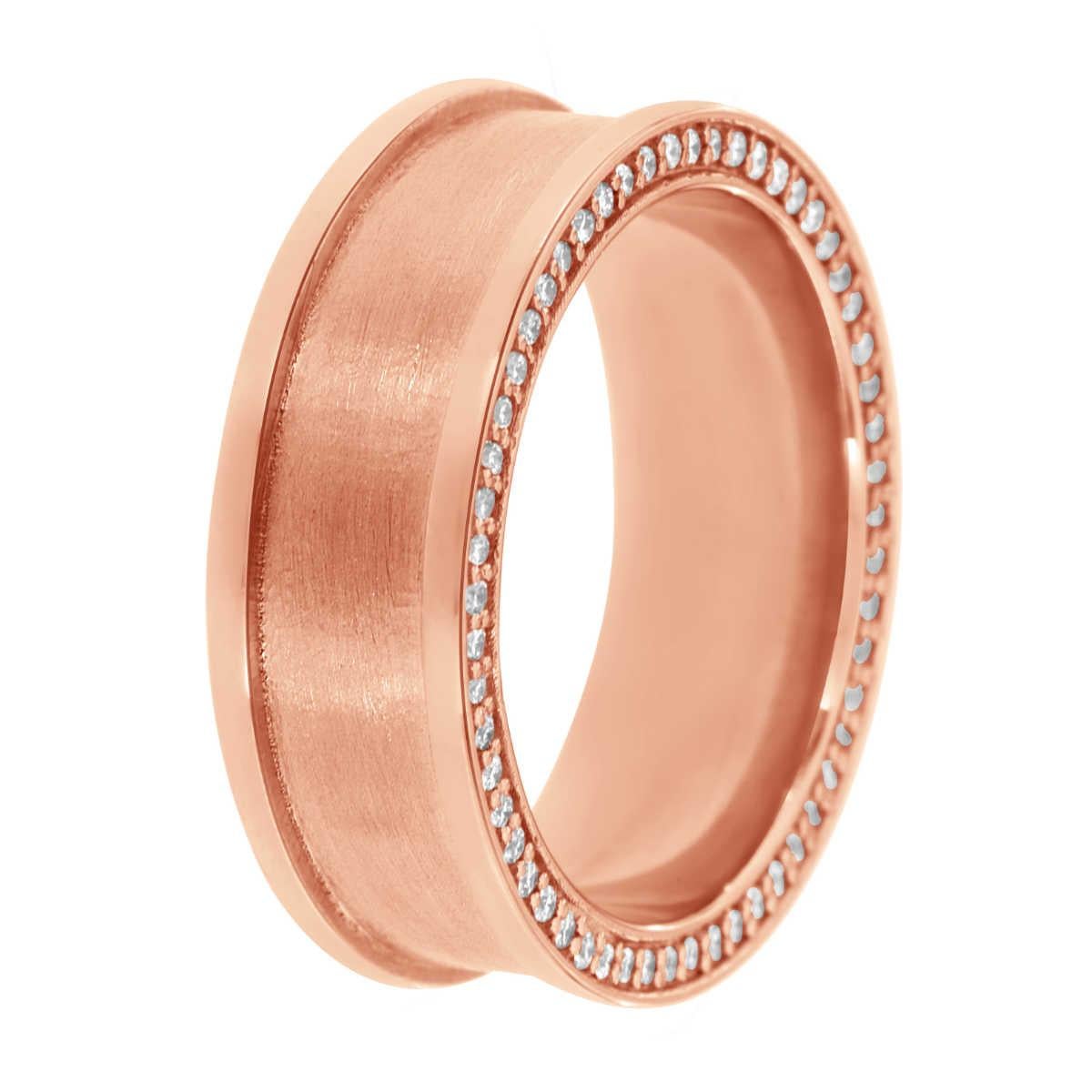 This 14k Rose gold eternity band features two rounds of brilliant round diamonds perfectly matched on each side of the tube. The band is 8 mm wide, 2 mm thick, and solid gold. The current finger size is 9. We can size it up to 10.5 but can not size