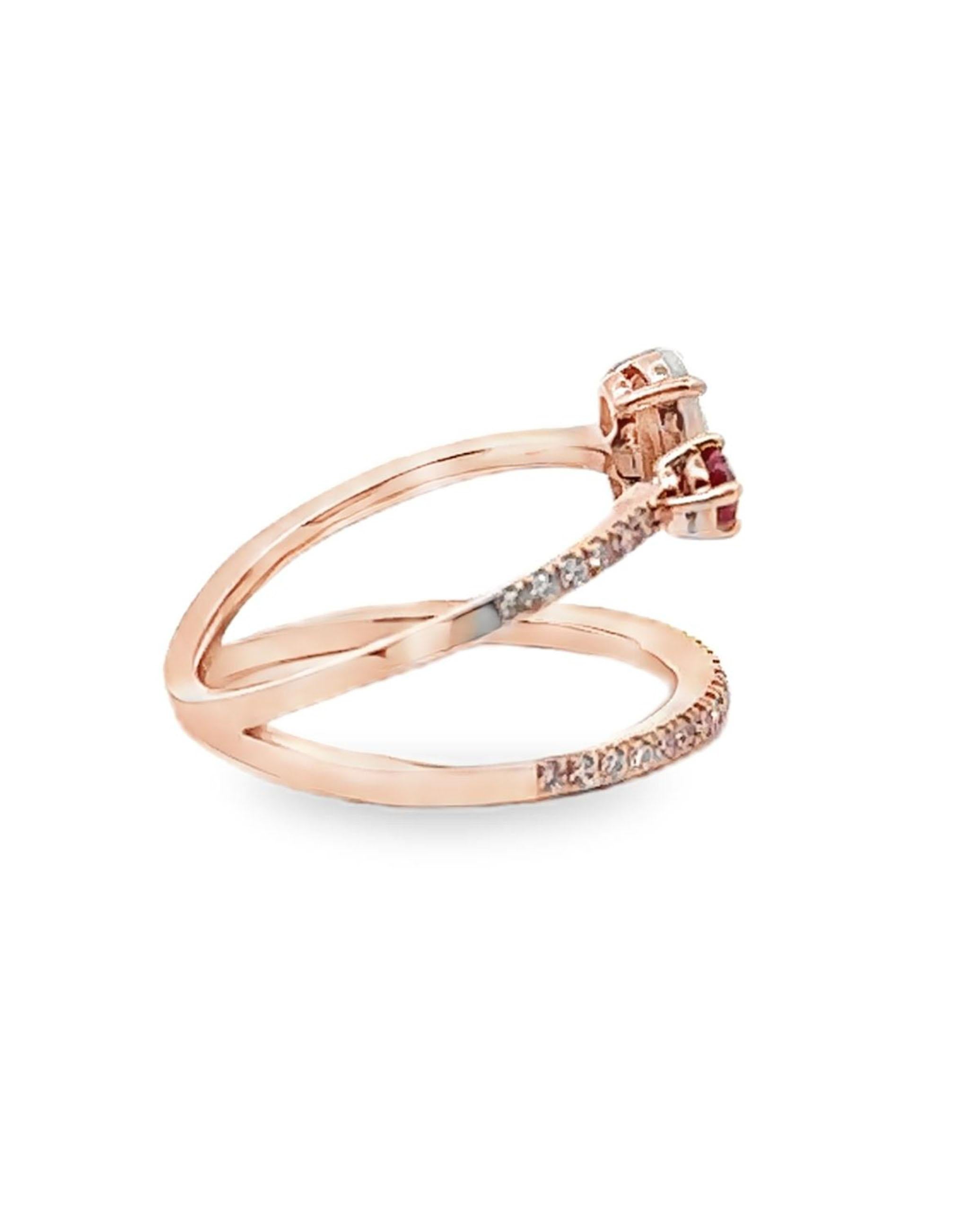 Contemporary Asymmetric Open Bypass Ruby & Opal Ring in 14K Rose Gold with Diamonds For Sale