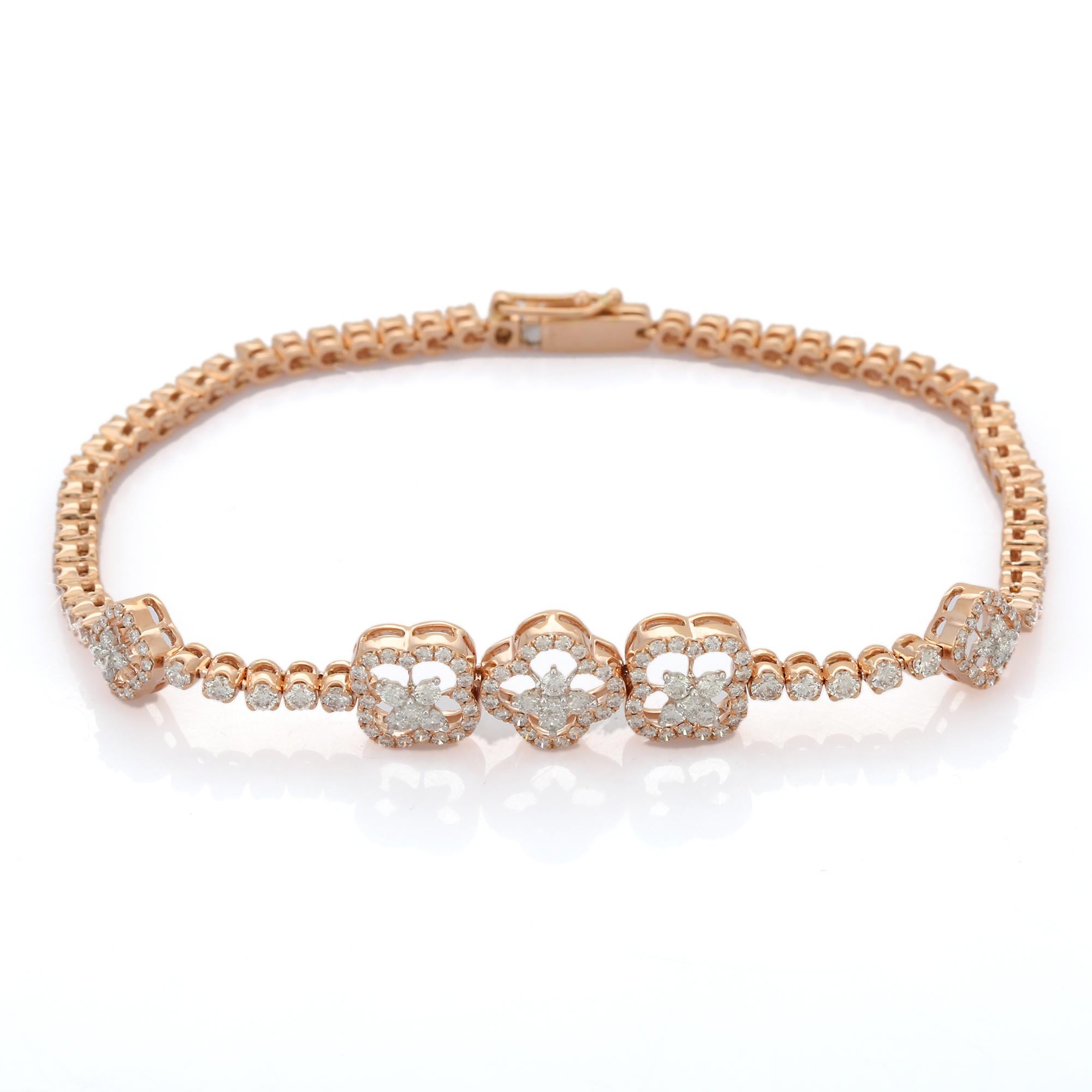 This Diamond Floral Engagement Bracelet in 14K gold showcases sparkling natural diamonds, weighing 2.89 carats. 
April birthstone diamond brings love, fame, success and prosperity.
Designed with diamonds set in a flower and on the chain to make you