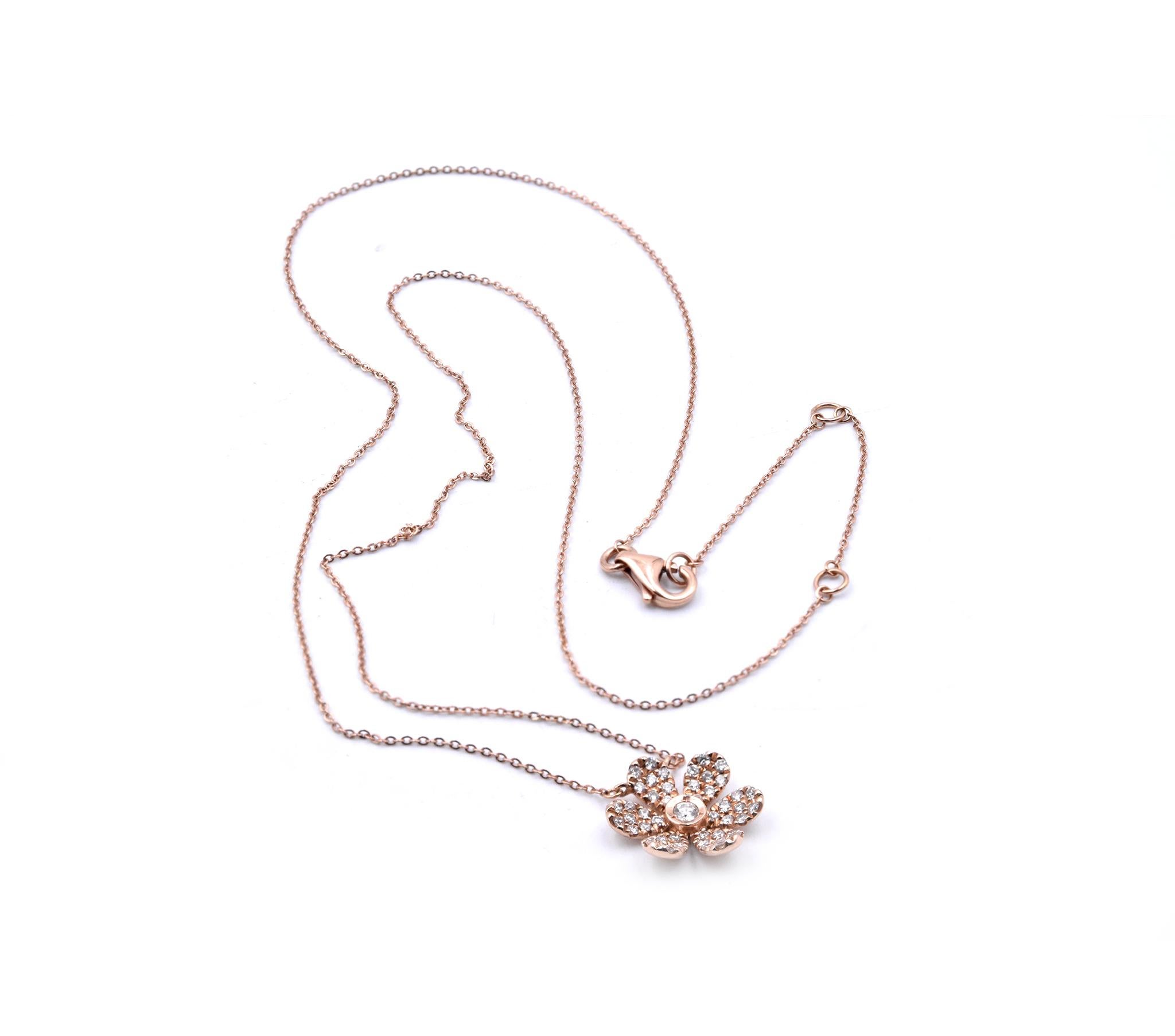 Round Cut 14 Karat Rose Gold Diamond Flower Necklace