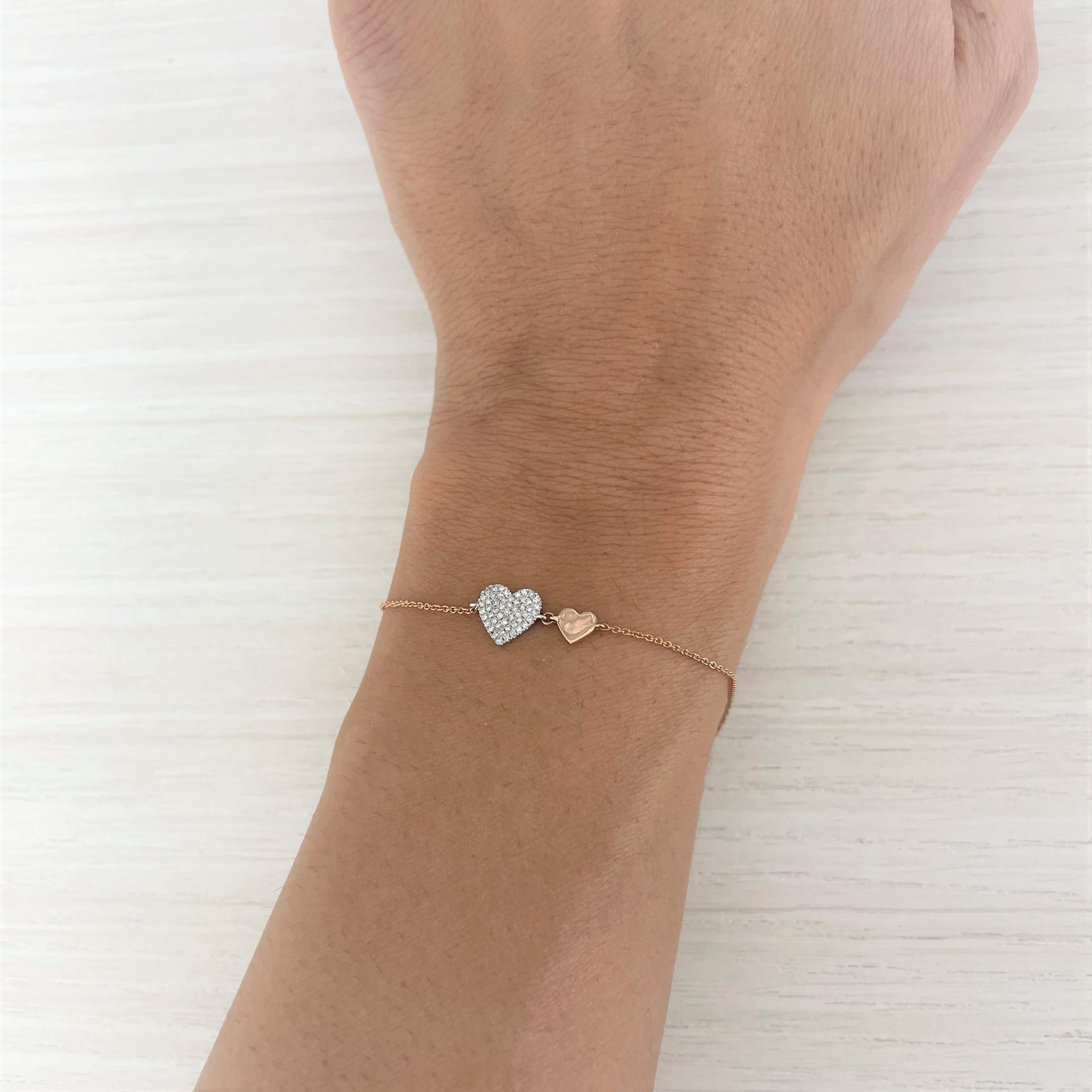 Baguette Cut 14K Rose Gold Diamond Heart Chain Bracelet for Her For Sale