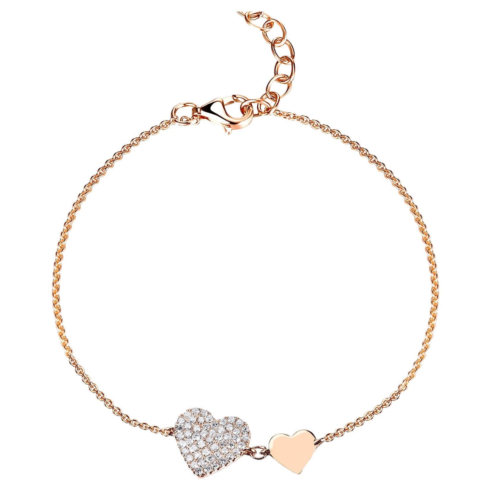 14K Rose Gold Diamond Heart Chain Bracelet for Her For Sale