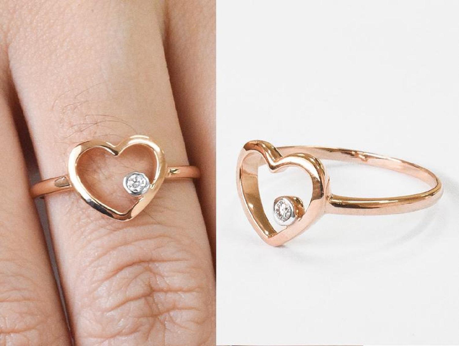 For Sale:  14k Rose Gold Diamond Heart Ring Minimal Heart Ring with Bezel Set Diamond 12
