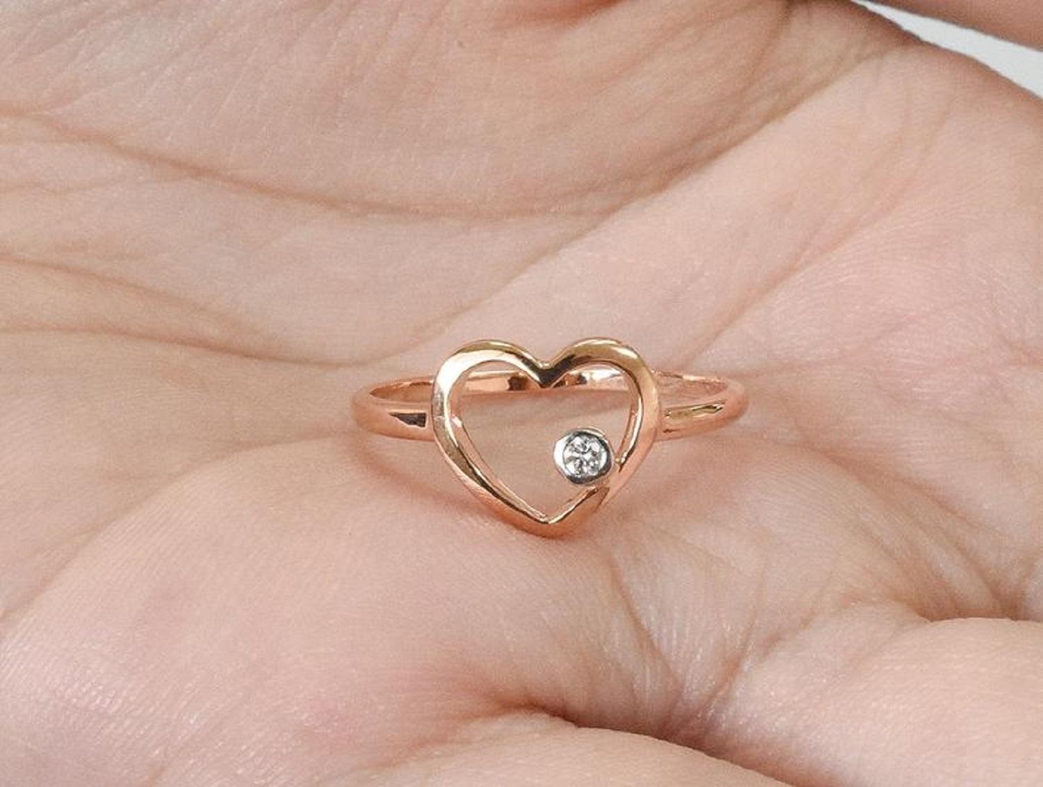 For Sale:  14k Rose Gold Diamond Heart Ring Minimal Heart Ring with Bezel Set Diamond 13