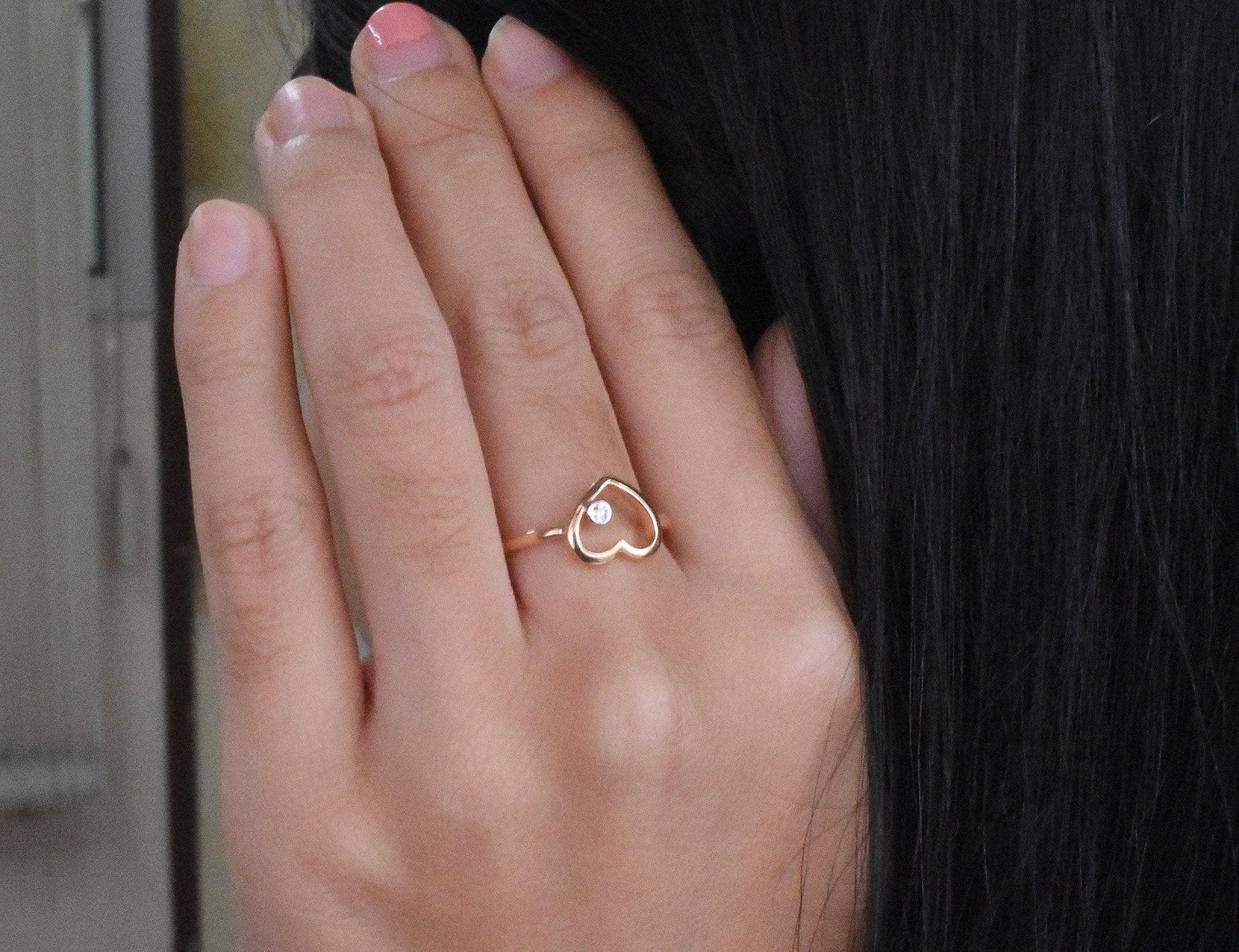 For Sale:  14k Rose Gold Diamond Heart Ring Minimal Heart Ring with Bezel Set Diamond 15