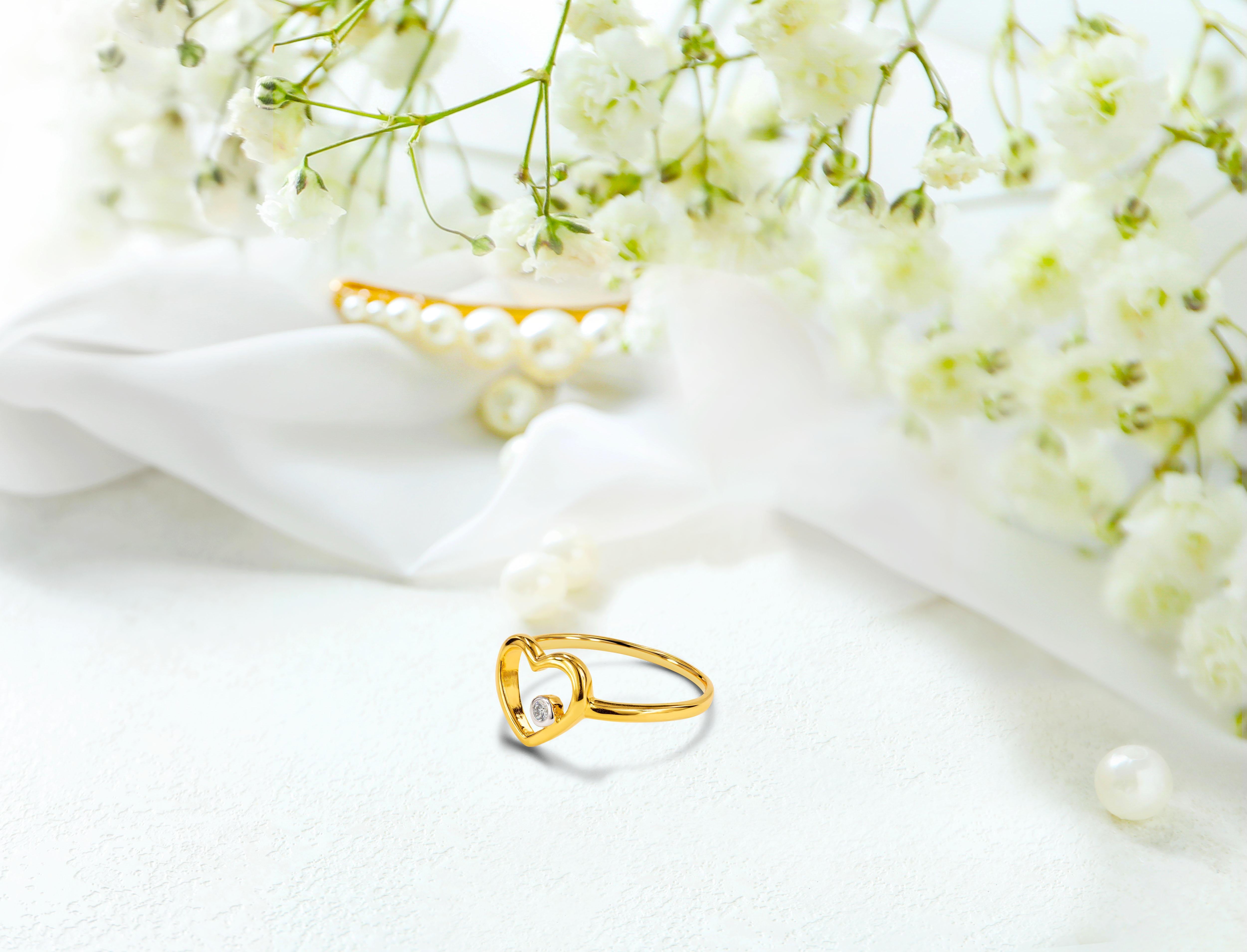 For Sale:  14k Rose Gold Diamond Heart Ring Minimal Heart Ring with Bezel Set Diamond 18