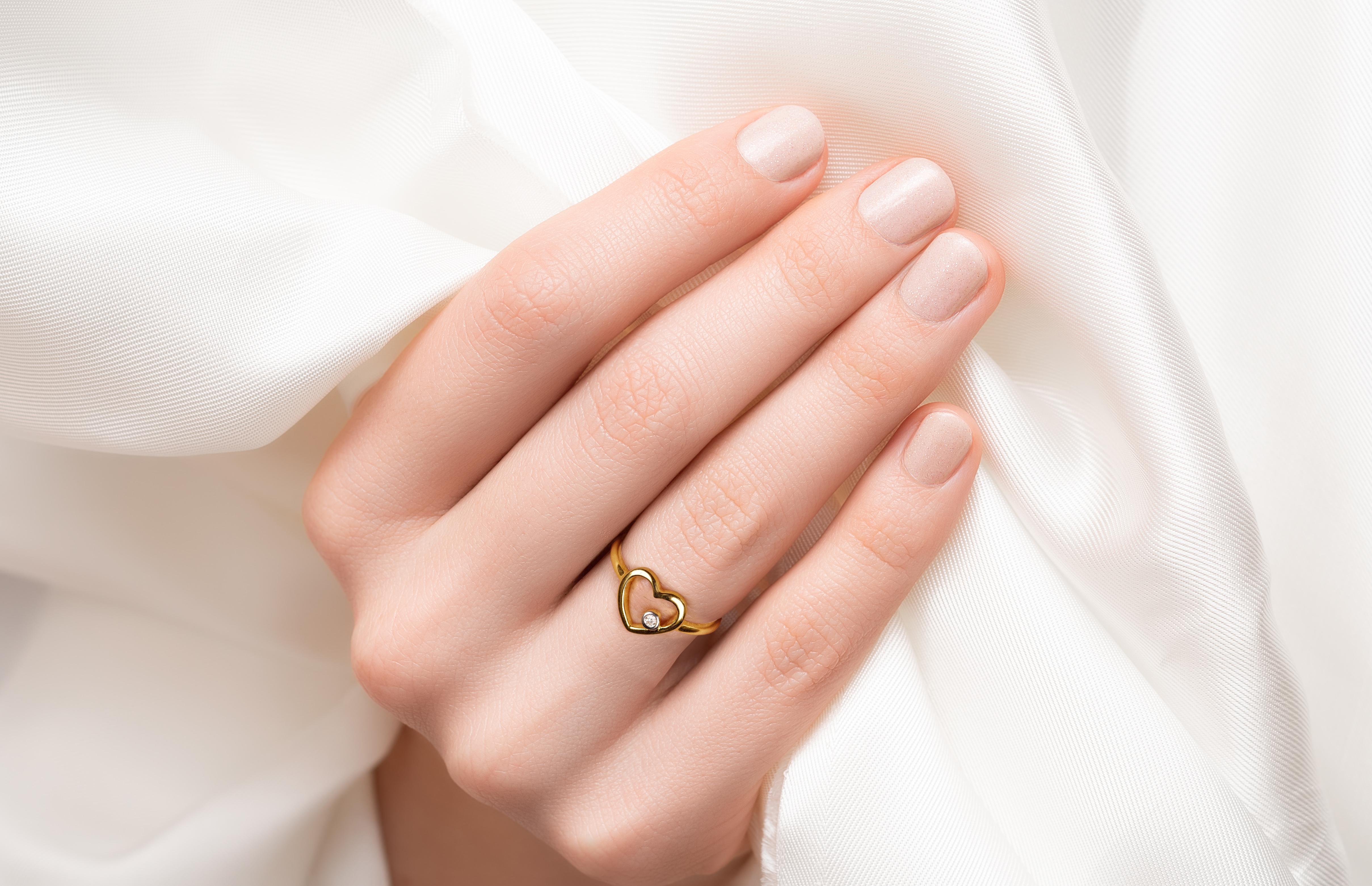 For Sale:  14k Rose Gold Diamond Heart Ring Minimal Heart Ring with Bezel Set Diamond 19