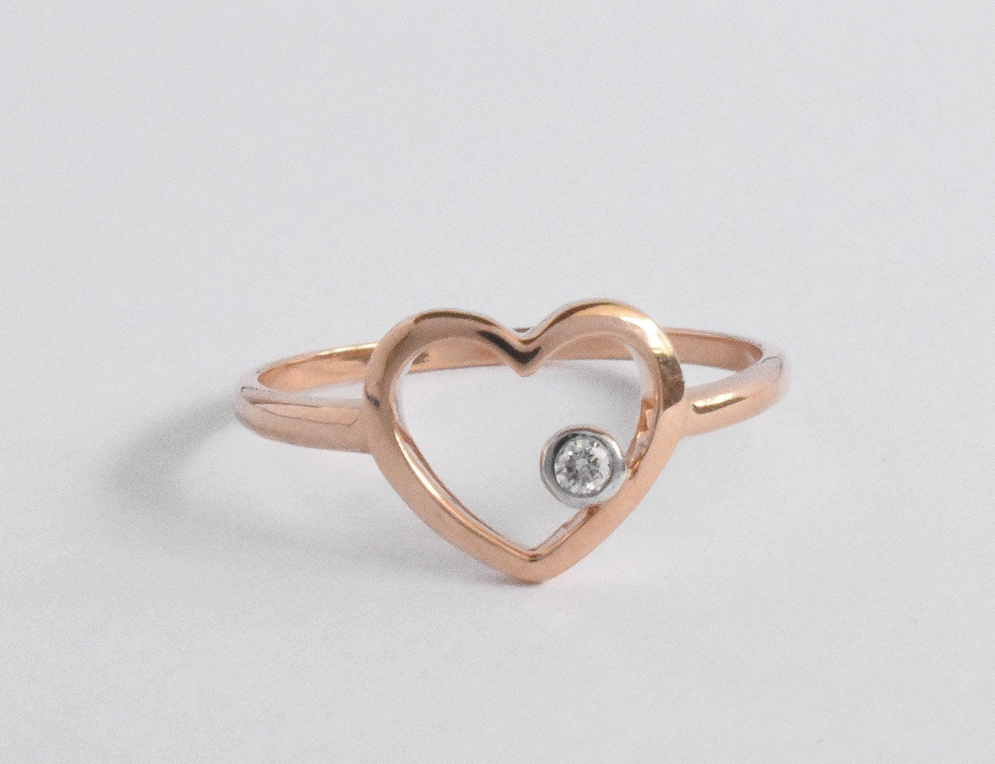 For Sale:  14k Rose Gold Diamond Heart Ring Minimal Heart Ring with Bezel Set Diamond 4