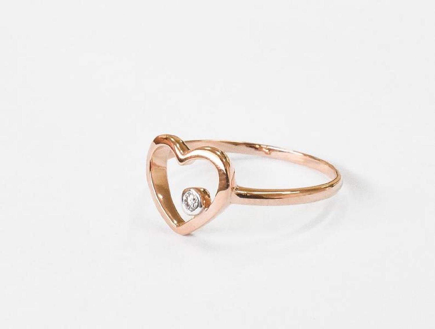 For Sale:  14k Rose Gold Diamond Heart Ring Minimal Heart Ring with Bezel Set Diamond 7