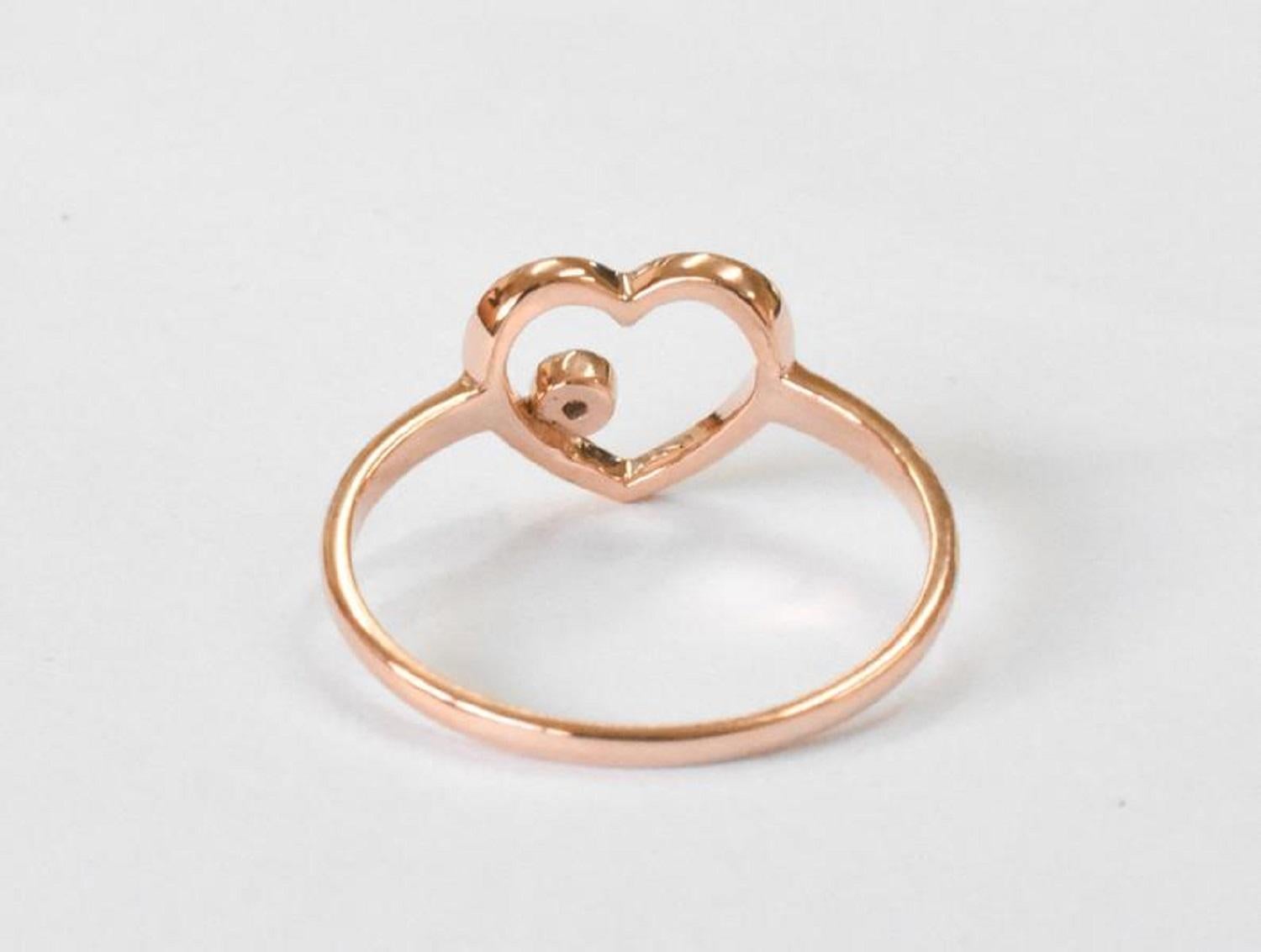 For Sale:  14k Rose Gold Diamond Heart Ring Minimal Heart Ring with Bezel Set Diamond 10