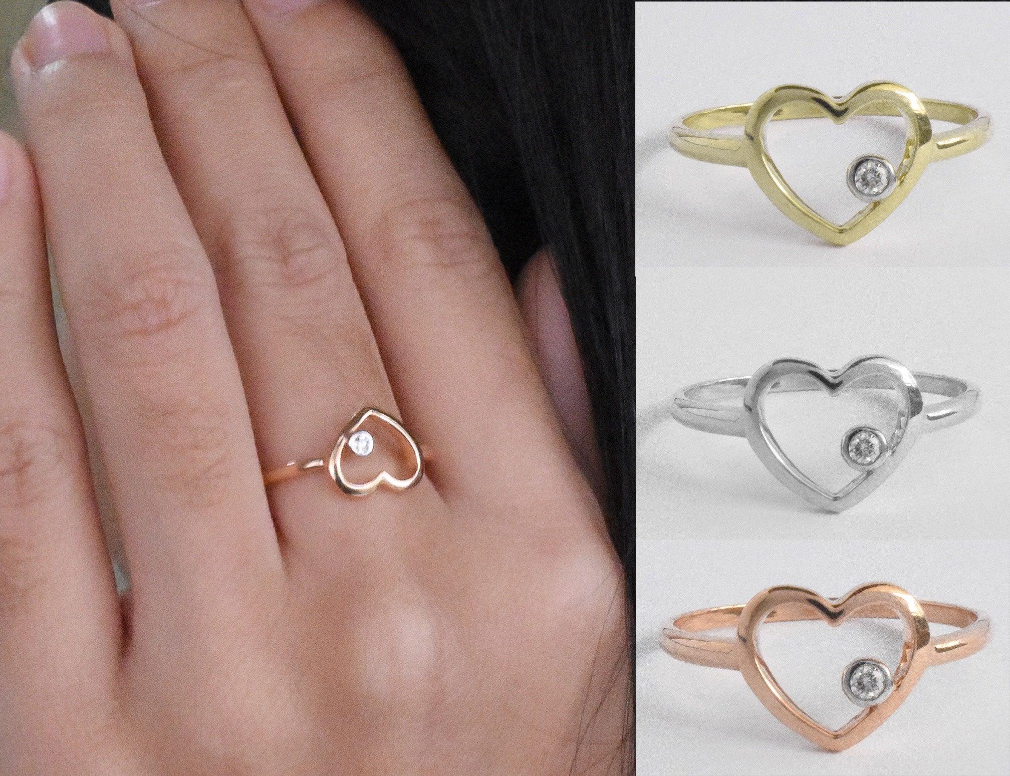 For Sale:  14k Rose Gold Diamond Heart Ring Minimal Heart Ring with Bezel Set Diamond 11