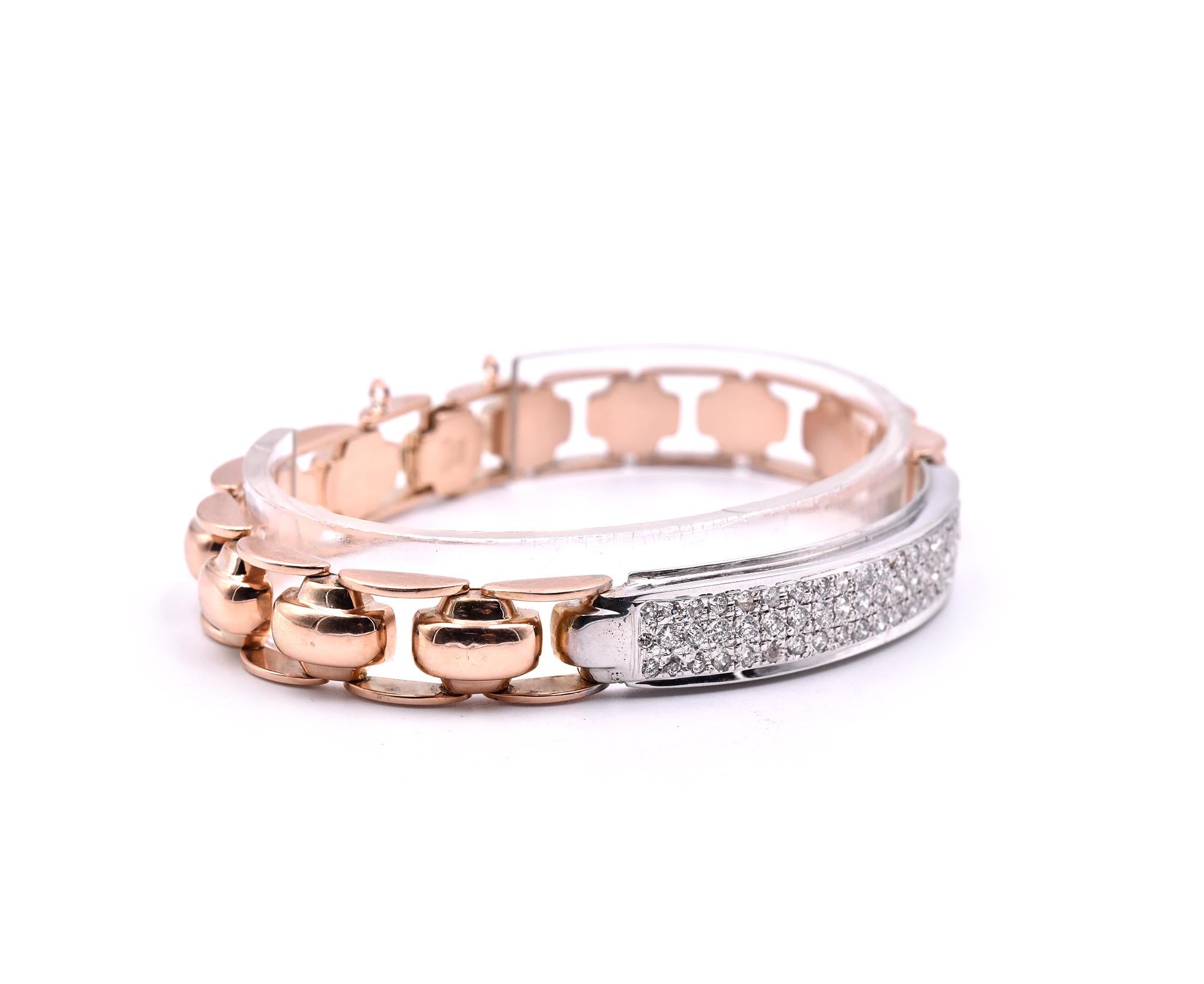 Designer: custom
Material: 14k rose gold
Diamonds: 66 round brilliant cut = 2.75cttw
Color: G
Clarity: VS
Dimensions: bracelet is 8-inch long and it is 10.58mm wide
Weight: 38.78 grams
