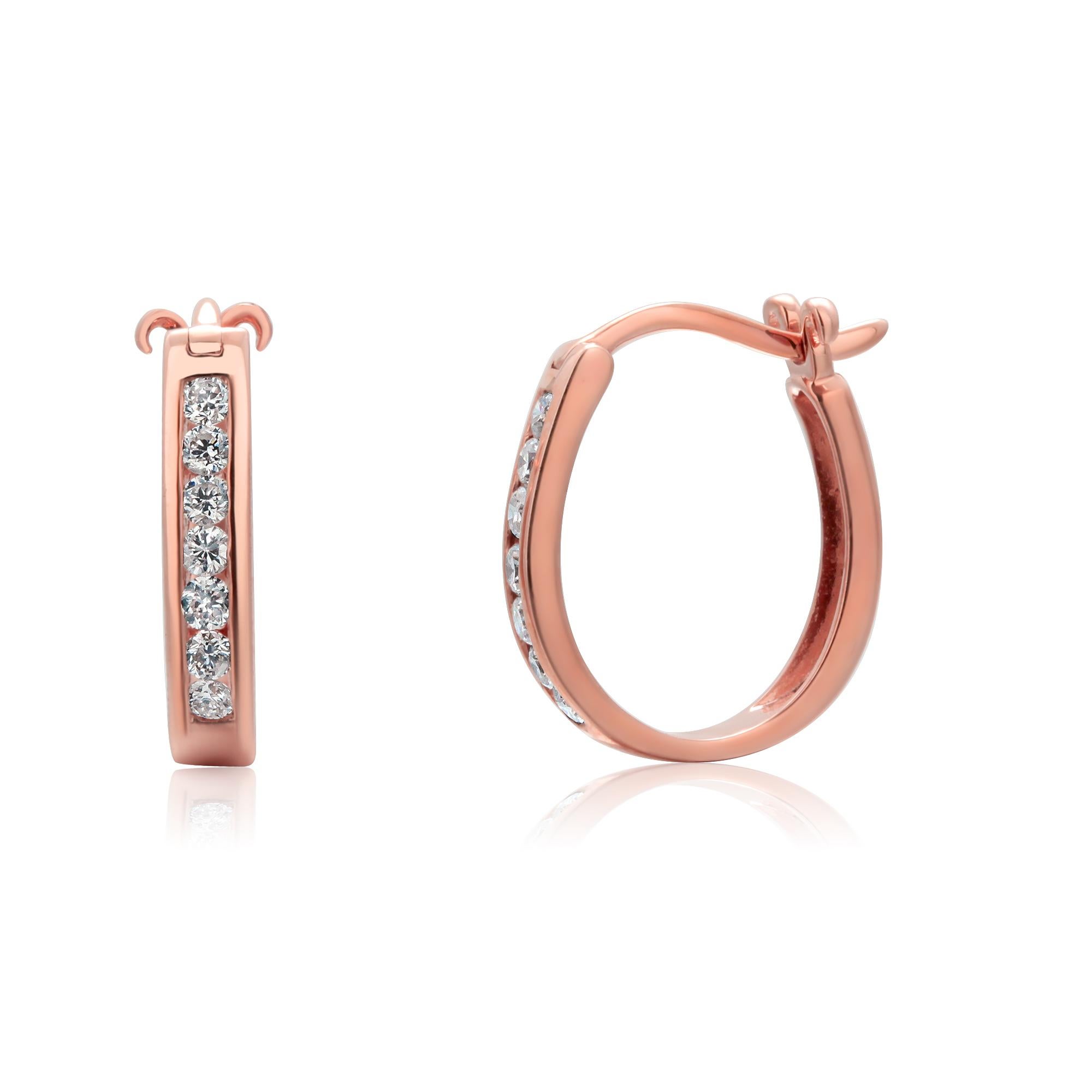 14K Rose Gold Diamond Oval Hoop Huggies' Earrings 0.25 Carats Length 0.60 Inch (Moderne) im Angebot