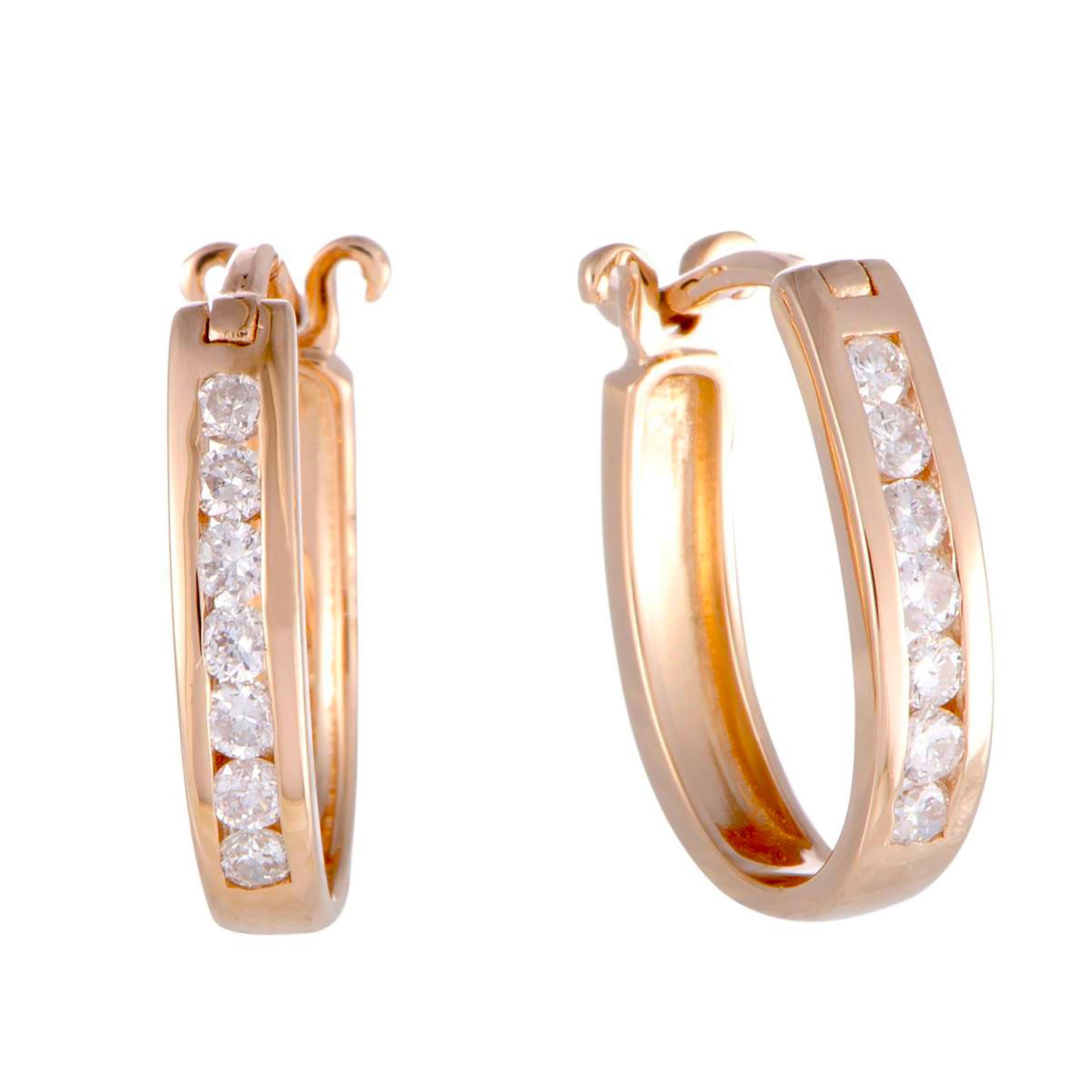 14K Rose Gold Diamond Oval Hoop Huggies' Earrings 0.25 Carats Length 0.60 Inch Damen im Angebot