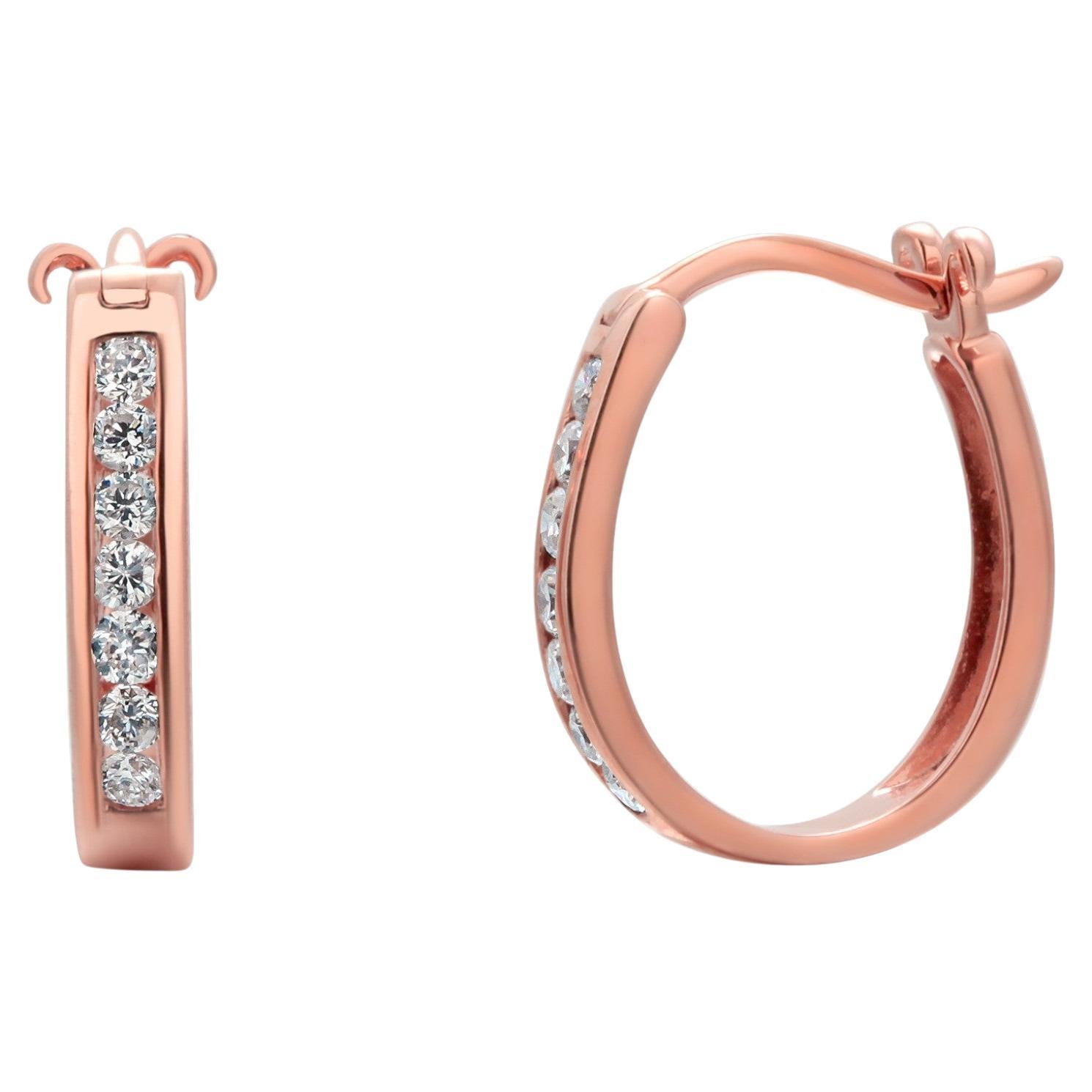 14K Rose Gold Diamond Oval Hoop Huggies
 Earrings 0.25 Carats Length 0.60 Inch