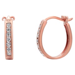 14K Rose Gold Diamond Oval Hoop Huggies' Earrings 0.25 Carats Length 0.60 Inch