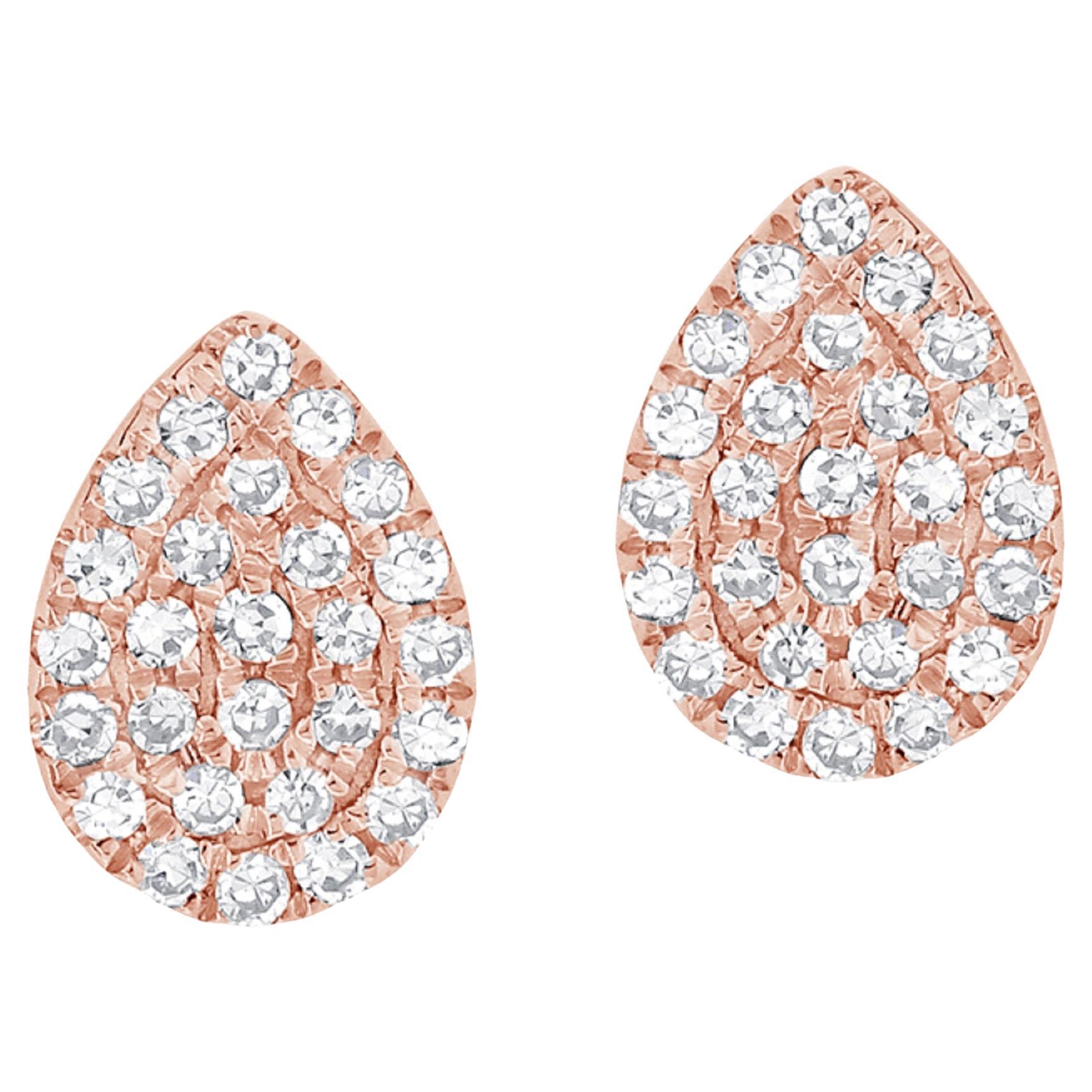 14K Rose Gold Diamond Pave Pear Shape Stud Earrings for Her For Sale