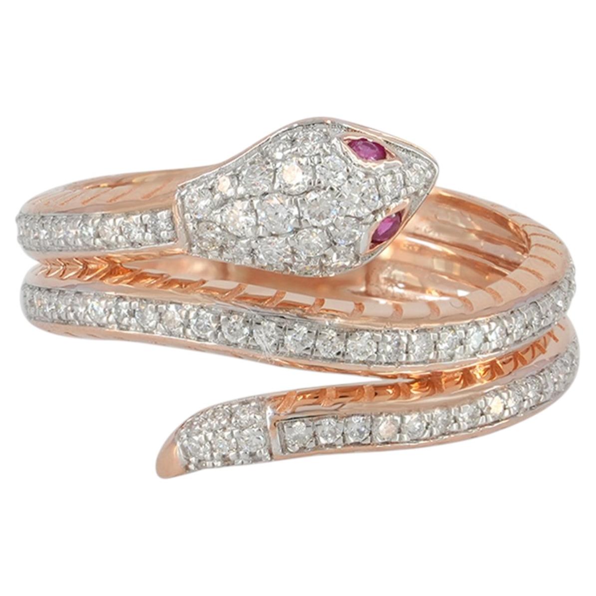 14K Rose Gold Diamond Pavé & Pink Sapphire Eye Coiled Serpent Ring 0.44Ct