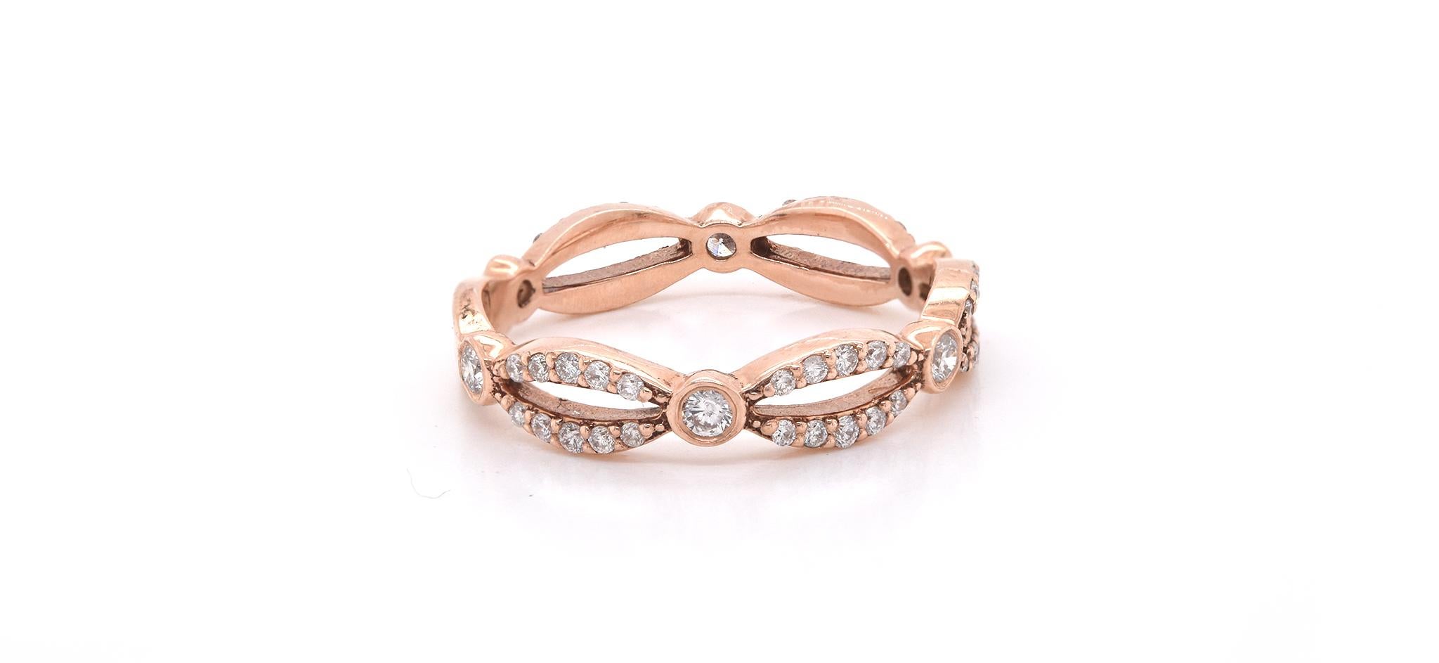Material: 14k rose gold
Diamonds: 56 round brilliant cuts = 0.48cttw
Color: H-I
Clarity: SI1
Size: 7 
Dimensions: ring measures 4.20mm in width
Weight: 2.80 grams
