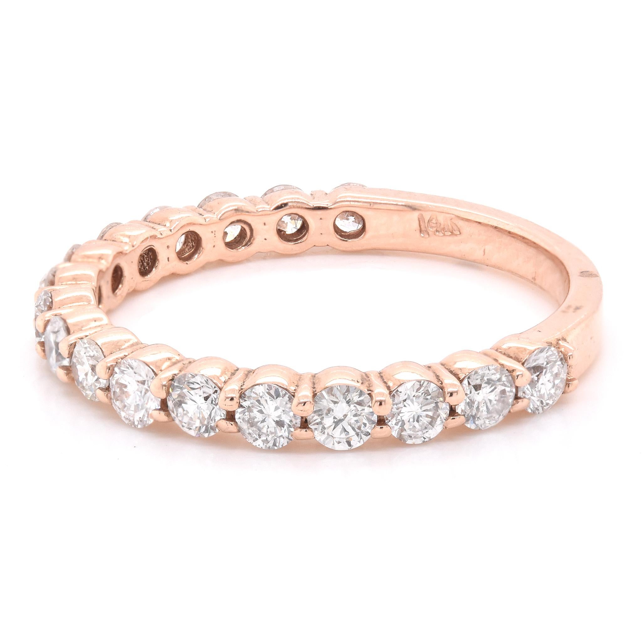 Material: 14k rose gold
Diamonds: 17 round brilliant cuts = 0.80ct
Color: H
Clarity: VS2-SI1
Size: 6
Dimensions: ring measures 2.05mm in width
Weight: 2.01 grams