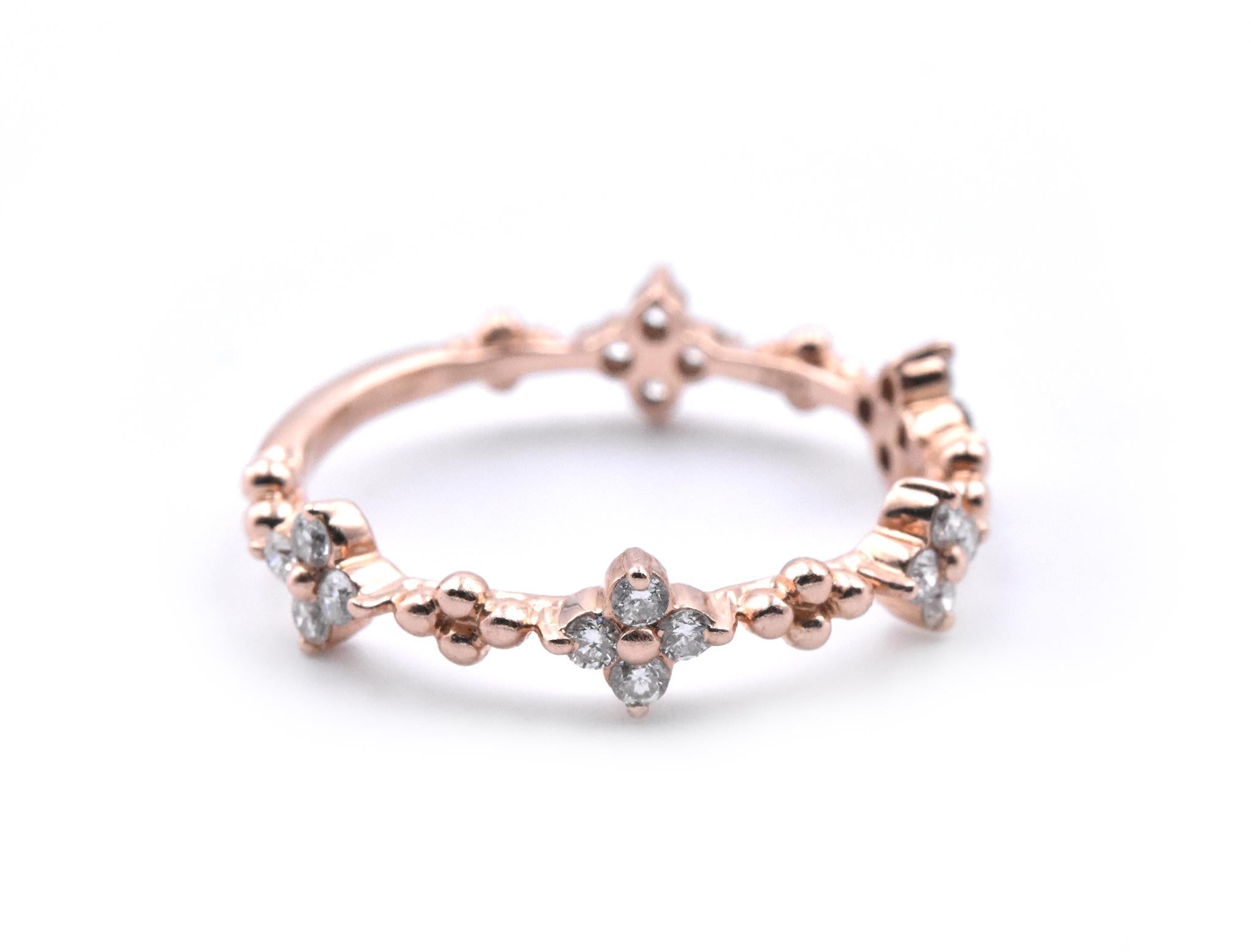 Designer: custom design
Material: 14k rose gold
Diamonds: 20 round brilliant cut= 0.36cttw
Color: H-I
Clarity: VS
Size: 7 please allow two additional shipping days for sizing requests)
Dimensions: ring is 4.83mm wide
Weight: 1.90 grams
