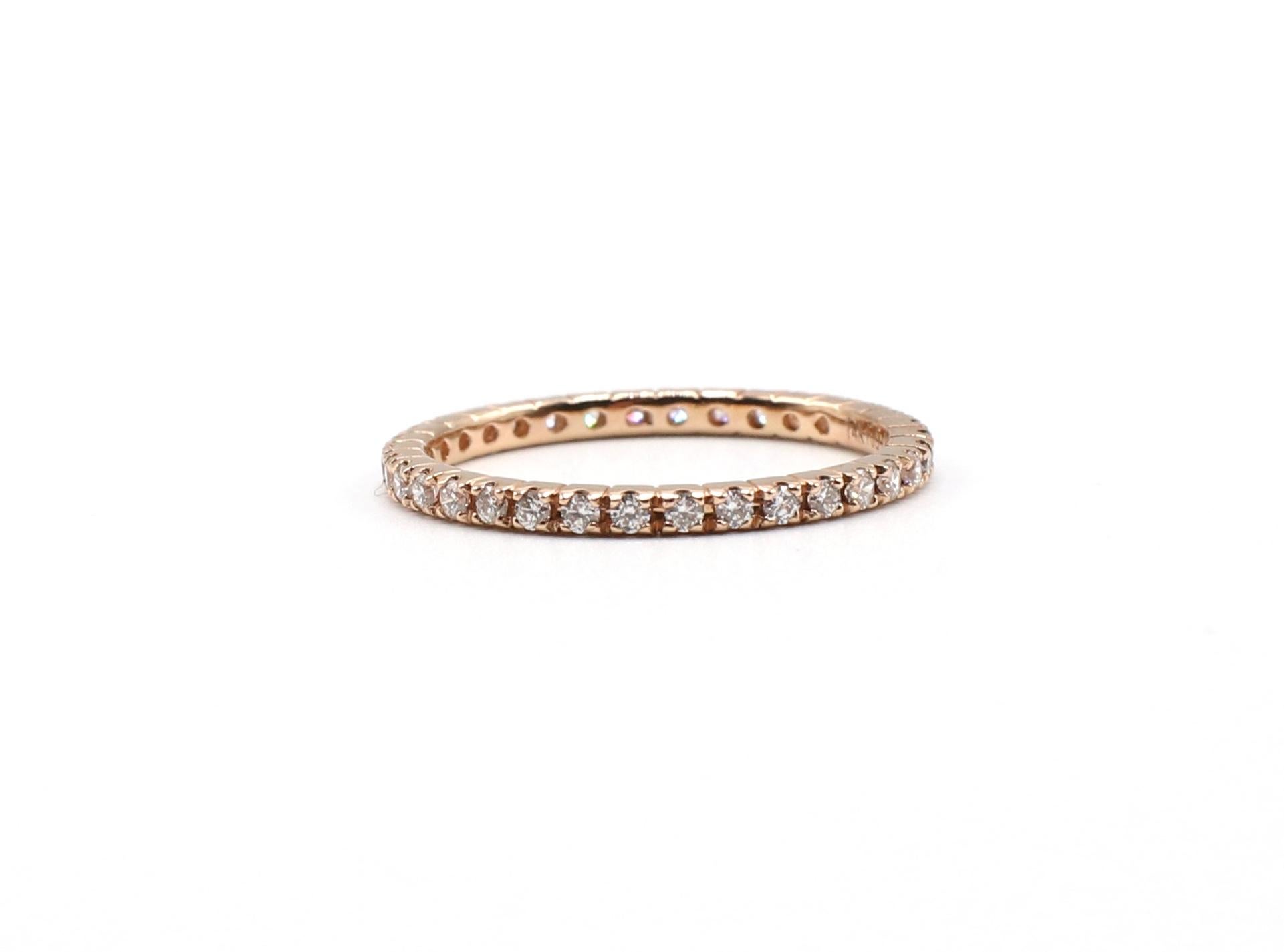 14K Rose Gold Natural Diamond Thin Eternity Band Stackable Ring Size 5.75

Metal: 14k rose gold
Weight: 1.24 grams
Diamonds: 34 round brilliant cut natural diamonds, 0.393 CTW G VS
Band is 1.5mm wide
Stamped: 