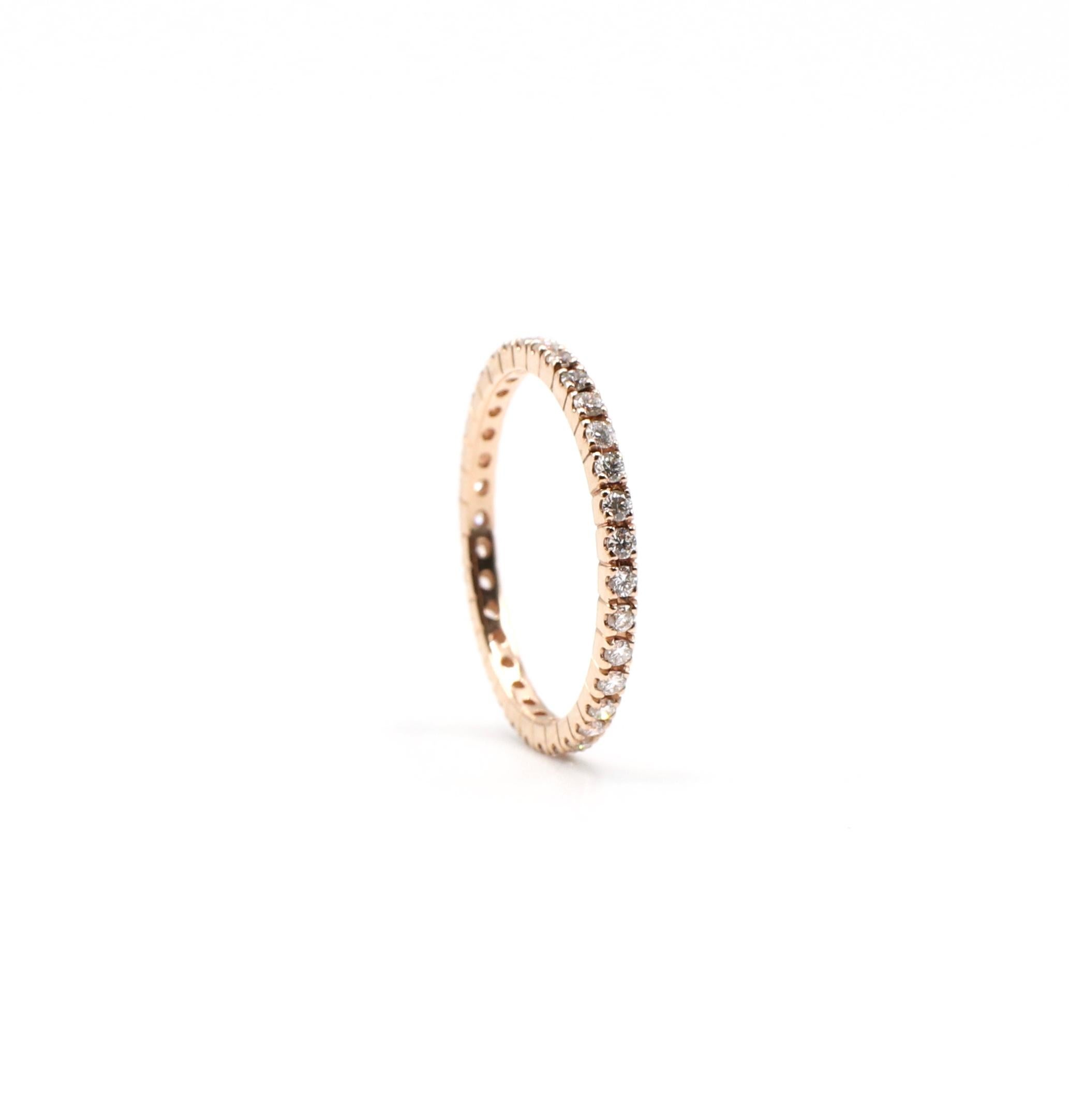 Contemporary 14 Karat Rose Gold Natural Diamond Thin Eternity Band Stackable Ring For Sale