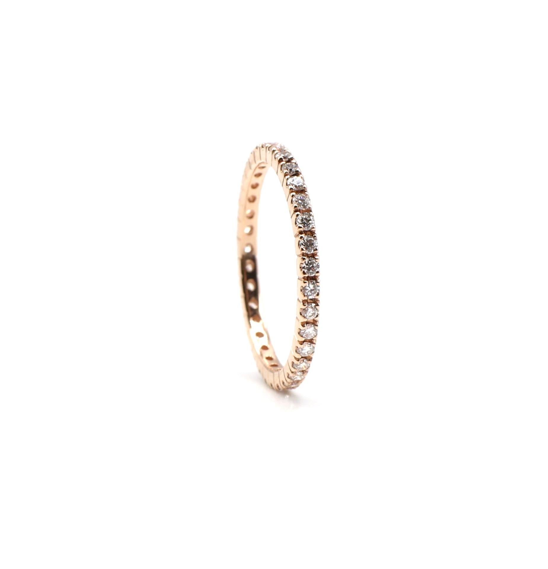 Round Cut 14 Karat Rose Gold Natural Diamond Thin Eternity Band Stackable Ring For Sale