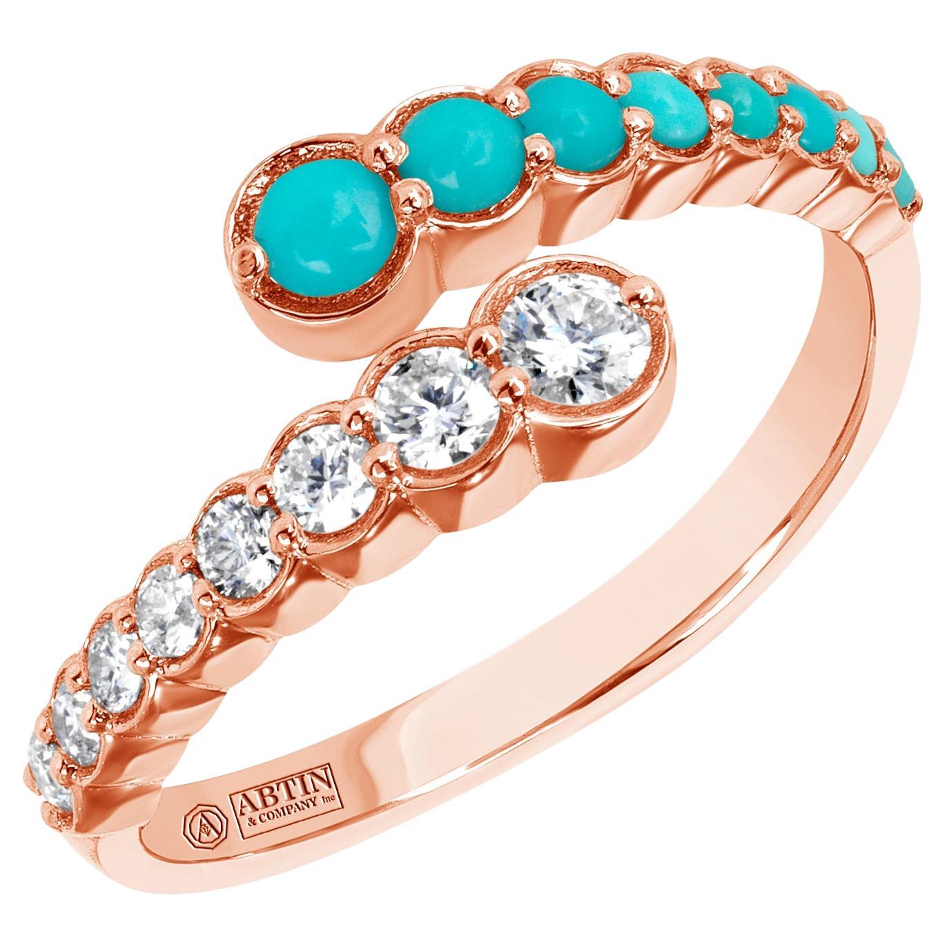 14K Rose Gold Diamond & Turquoise Bezel Bypass Ring Band 