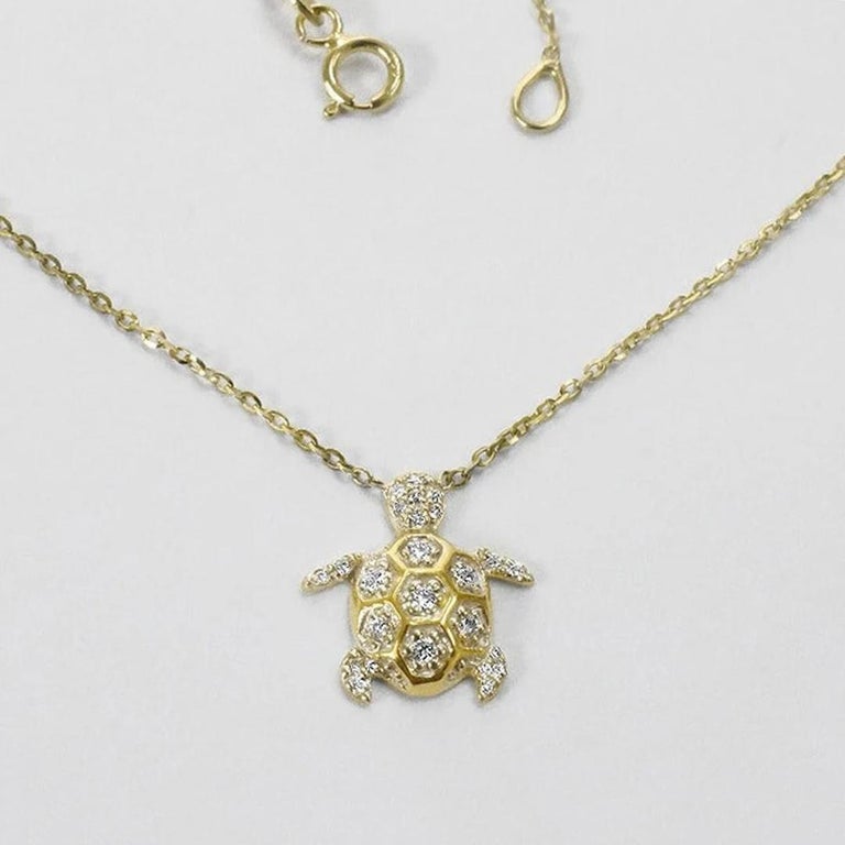 Round Cut 14k Gold Diamond Turtle Charm Necklace Diamond Turquoise Pendant Necklace For Sale